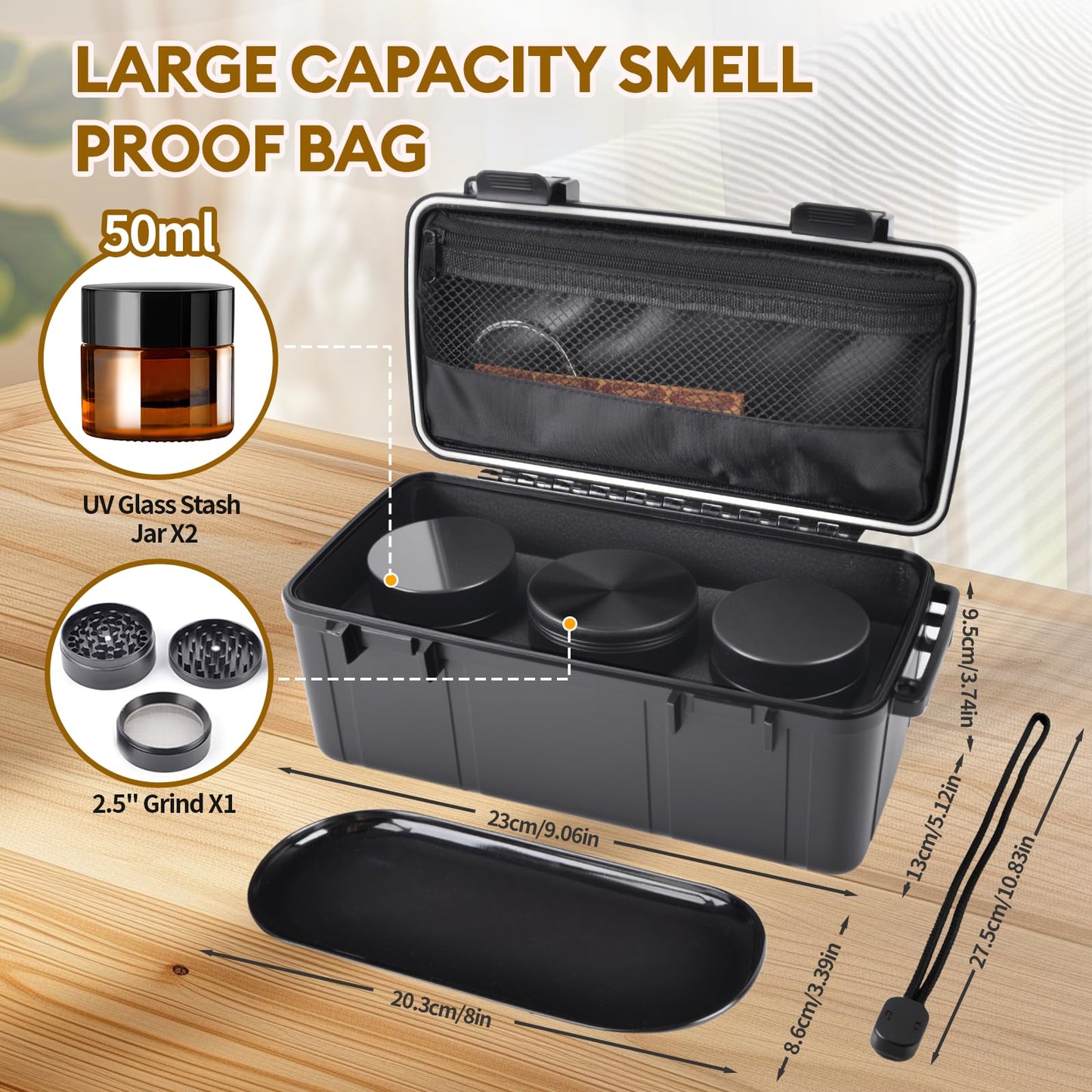 Smell Proof Bag, Odor Proof & Odorless Stash Box with Grind and Storage Tray, Waterproof Large Travel Storage Case, Home Organizer Container for Men Women, Gift for Women/Men