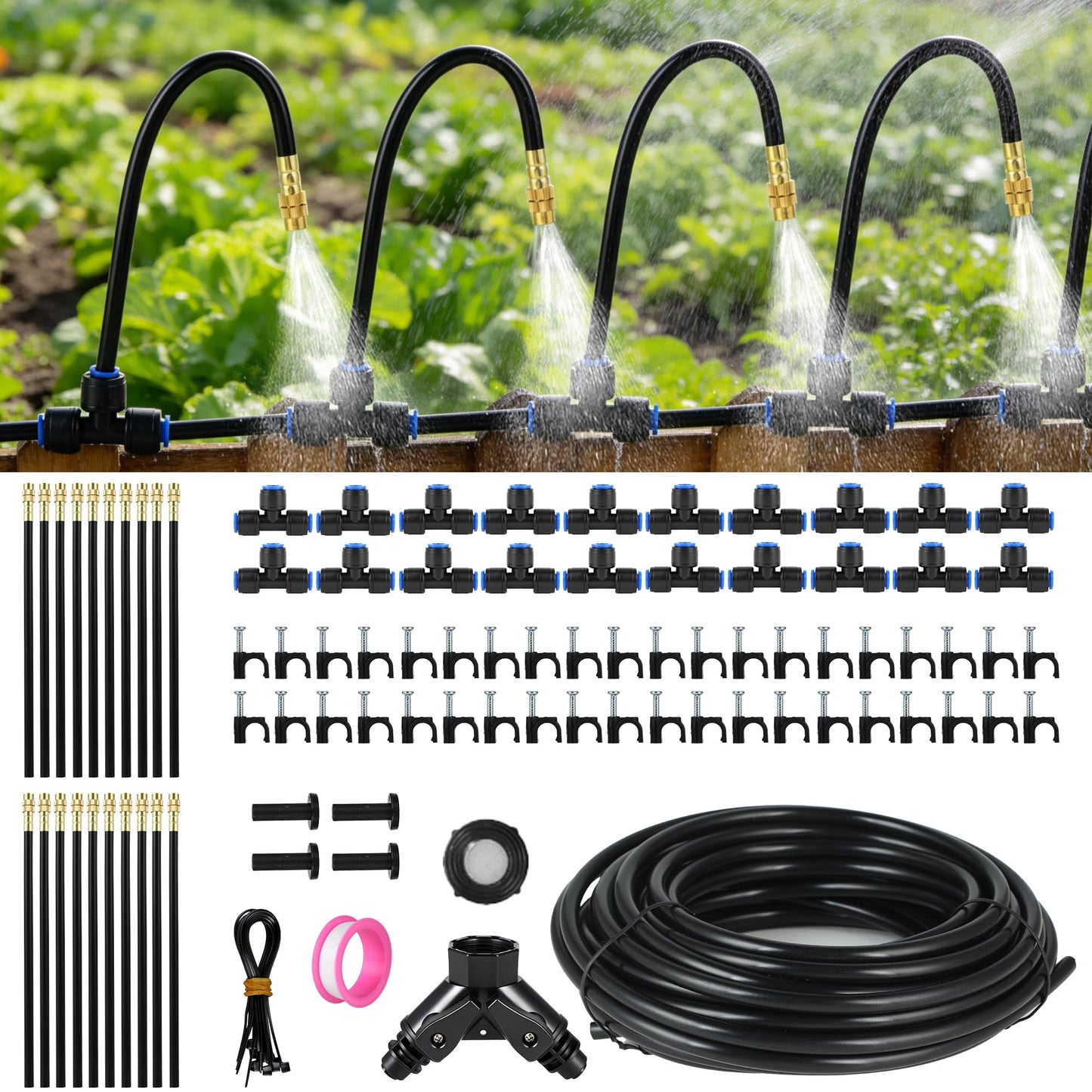 130FT Drip Irrigation System for Garden: 20 Nozzles 1/4" PE Tubing Automatic Watering Kit Adjustable Misting Sprinkler Mister Hose for Water Plants Tape Raised Beds Lawn Outdoor Yard Greenhouse
