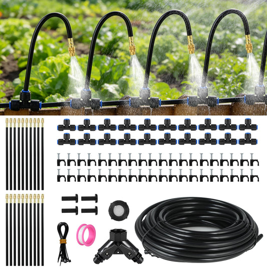 130FT Drip Irrigation System for Garden: 20 Nozzles 1/4" PE Tubing Automatic Watering Kit Adjustable Misting Sprinkler Mister Hose for Water Plants Tape Raised Beds Lawn Outdoor Yard Greenhouse