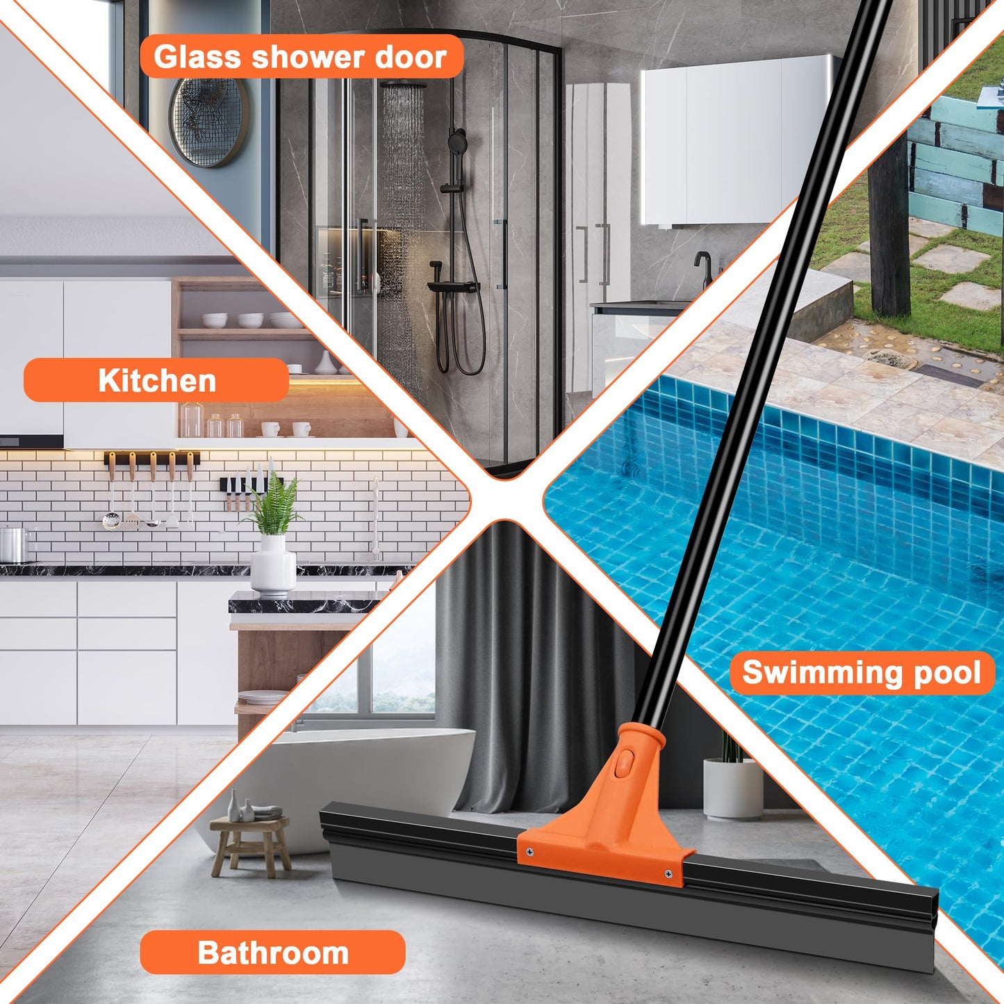 JEHONN Floor Squeegee Heavy Duty with 58.3 inches Long Handle, Rubber Scraper Broom for Cleaning Foam Water on Garage Concrete Bathroom Tile Marble Shower Glass Shop Deck Window Indoor Outdoor
