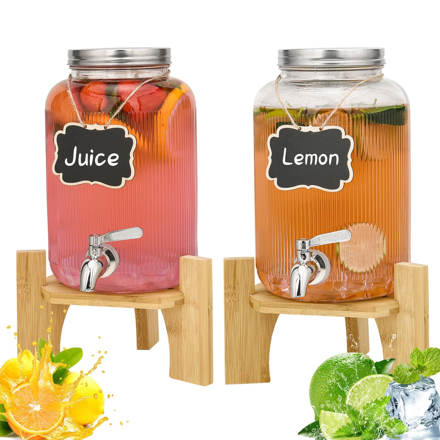 Hiziwimi 2 Pack Beverage Dispenser with Banboo Stand - 1 Gallon Glass Drink Dispenser for Parties with Spigot Solid Stainless Steel, Used As Iced or Hot Lemonade Juice Punch Dispenser