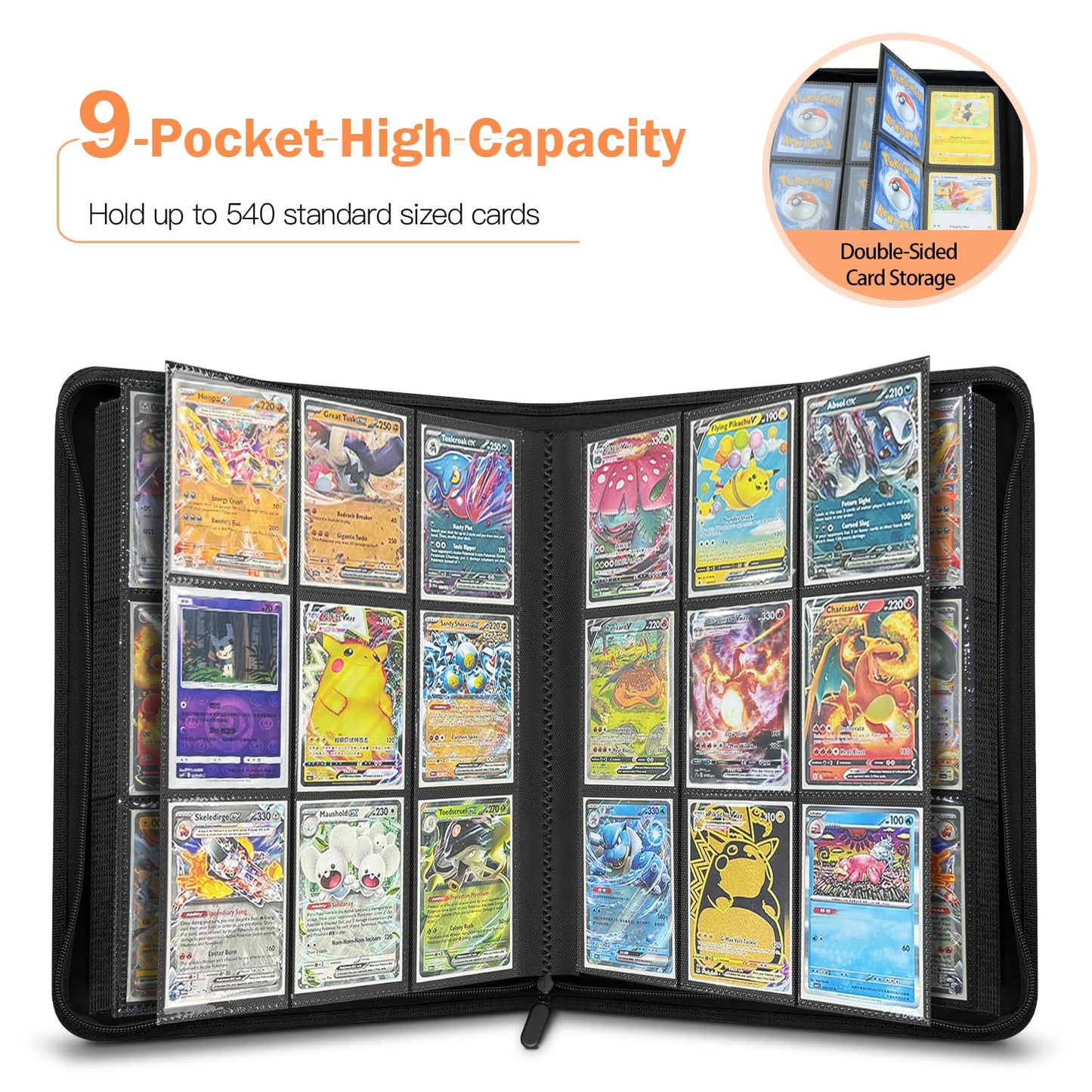 Card Binder 9 Pocket, Trading Card Zip Binder, 30 Side-Loading Pages, 540 Cards, Folder for Collectible Games (Orange)