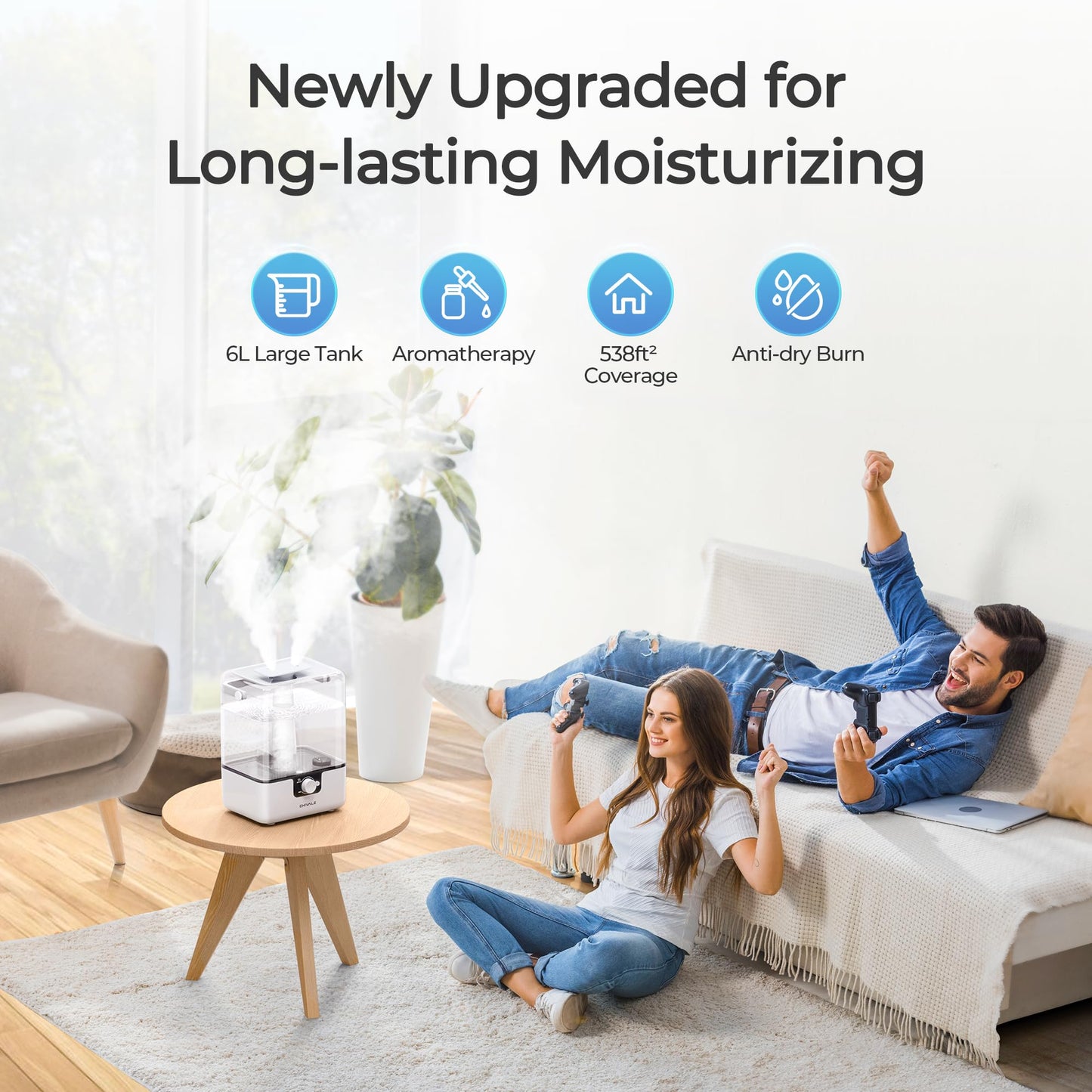 CHIVALZ Humidifiers for Bedroom, 6L Cool Mist Humidifiers for Baby Nursery, 26dB Quiet, 50H Runtime, Top Fill Humidifier for Large Room, Home, Plants, Nightlight, Oil Diffuser 1 Pack, White