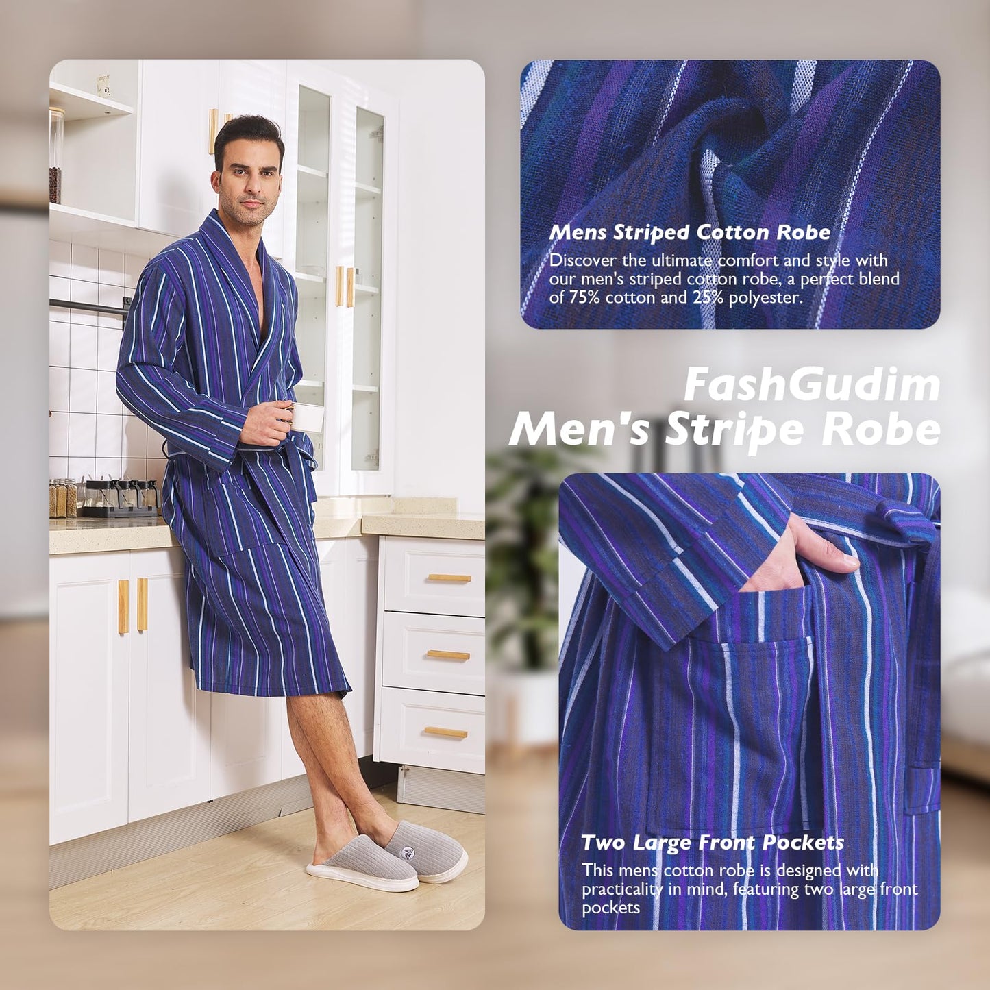 FashGudim Mens Buffalo Plaid Cotton Robe Lightweight Bathrobe Shawl Collar Kimono Sleepwear Loungewear House Robes, Blue Stripe, Large-X-Large