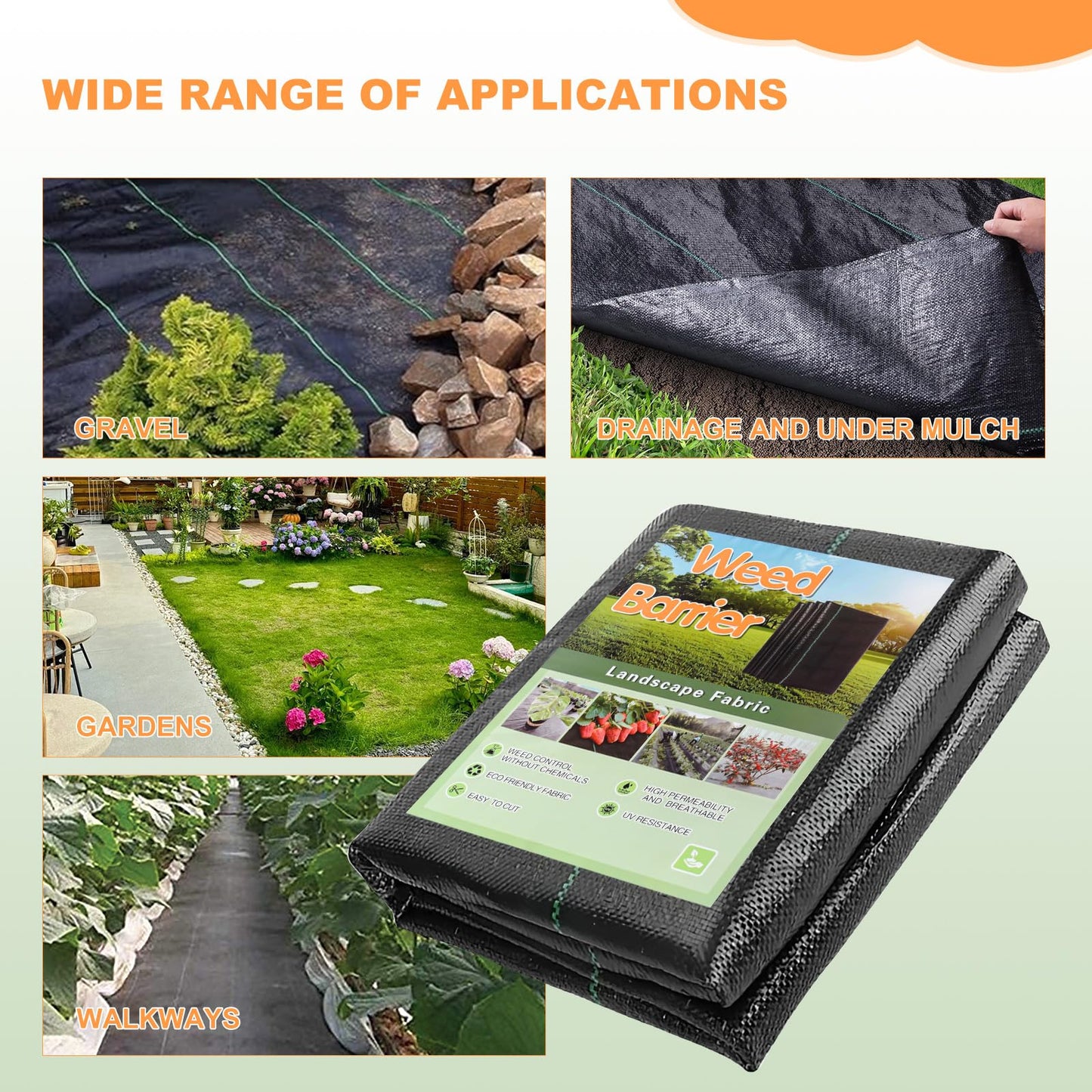 4x100Ft Weed Barrier Landscape Fabric, Heavy Duty Ground Cover Fabric Block, 3.2oz Gardening Fabric Mat, Garden Cloth Felt for Flower Bed, Patio, Orchard, Playground