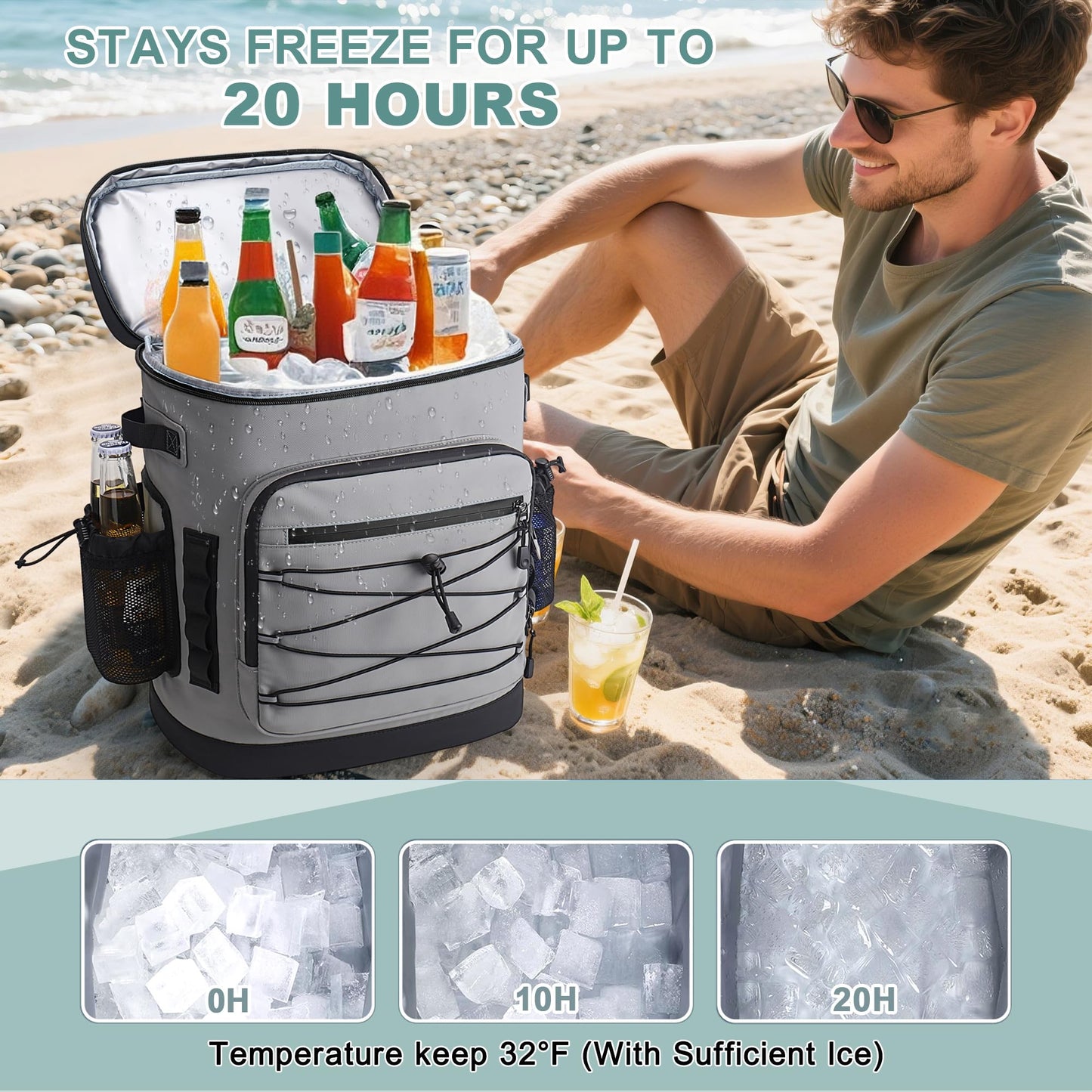 YOUNGOA Large 52cans Cooler Backpack, Insulated, Waterproof, Leak Proof, 30L Large Capacity (Grey, Black Zipper)
