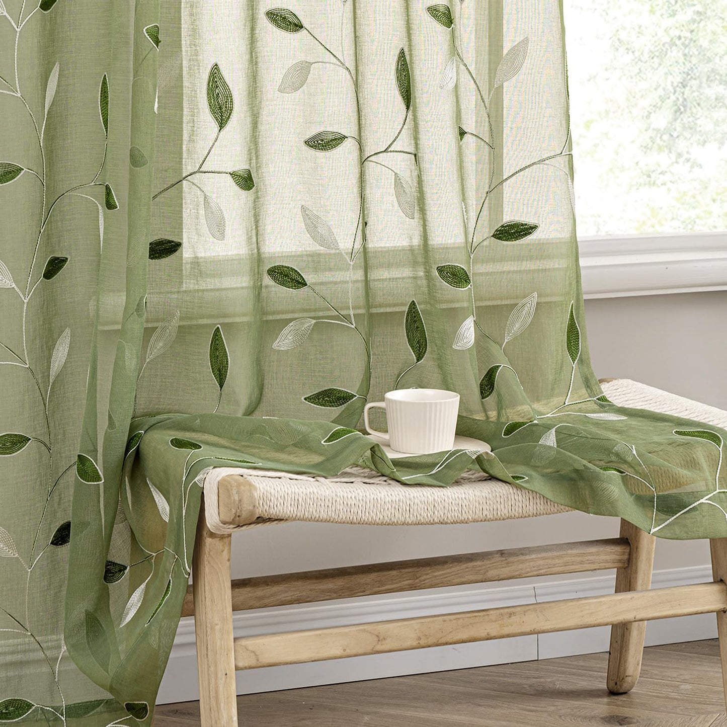 MIULEE Sage Green Curtains 2 Panels Embroidered Leaf Patterned Rod Pocket Floral Semi Sheer Faux Linen Window Curtains Drapes for Living Room Bedroom Farmhouse, 52x84 Inches Long