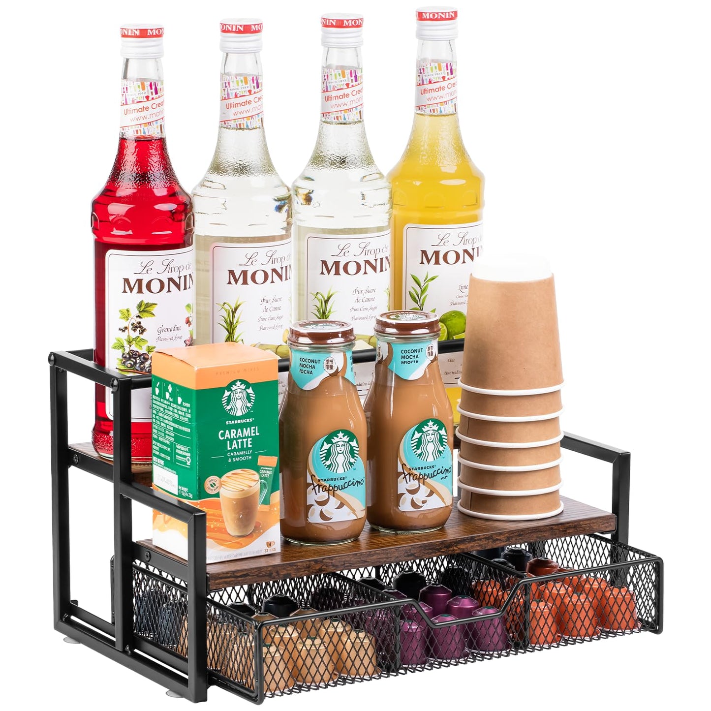 Wetheny Coffee Syrup Organizer for Coffee Bar, 3-Tier Coffee Station Organizer with K Cup Storage Basket for Countertop
