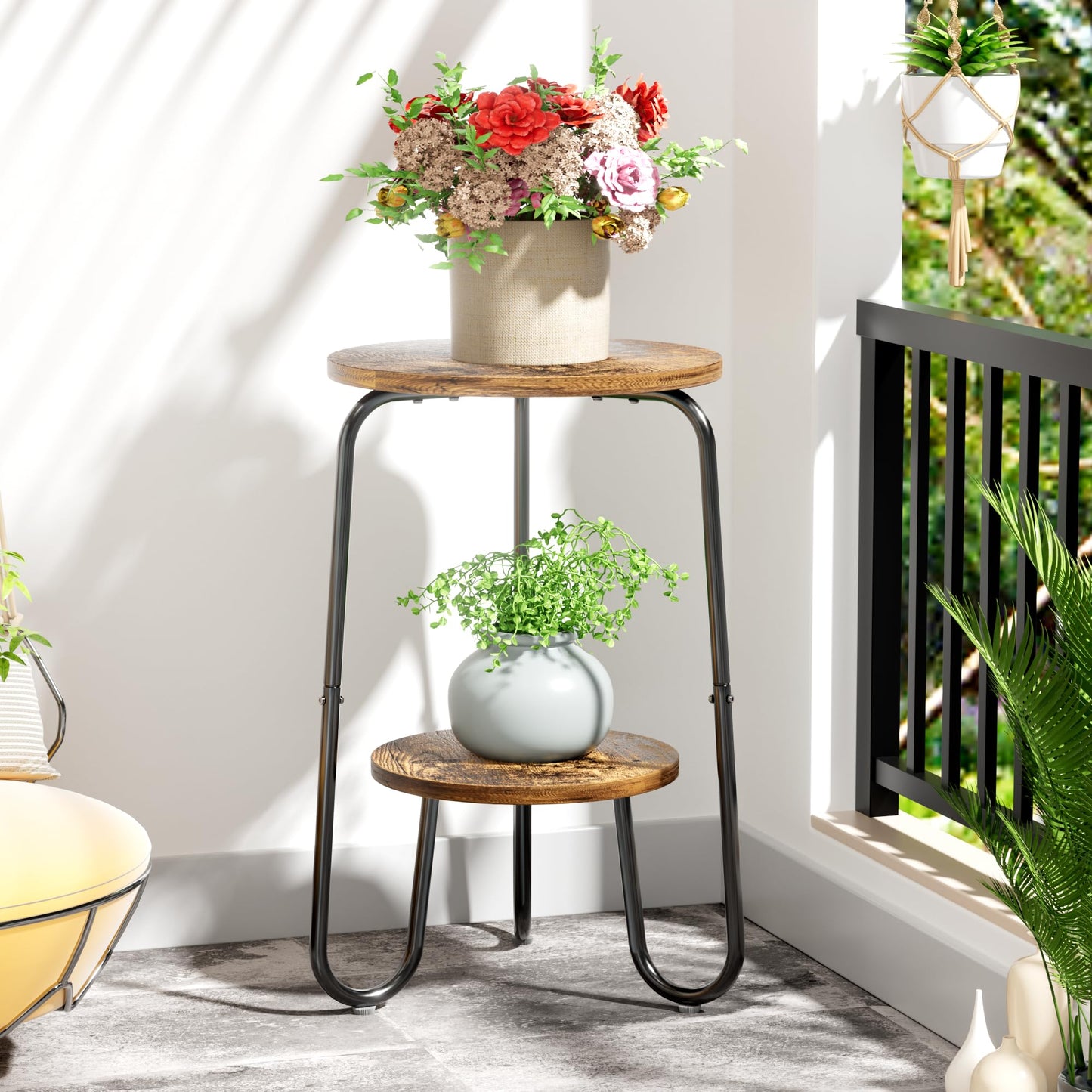 REFGY 2 Tier Wood Plant Stand Indoor, Small Round Flower Pot Stand, 19.6" Tall Single Plant Holder for Living Room, Balcony, Rustic Brown End Side Table（Rustic Brown）