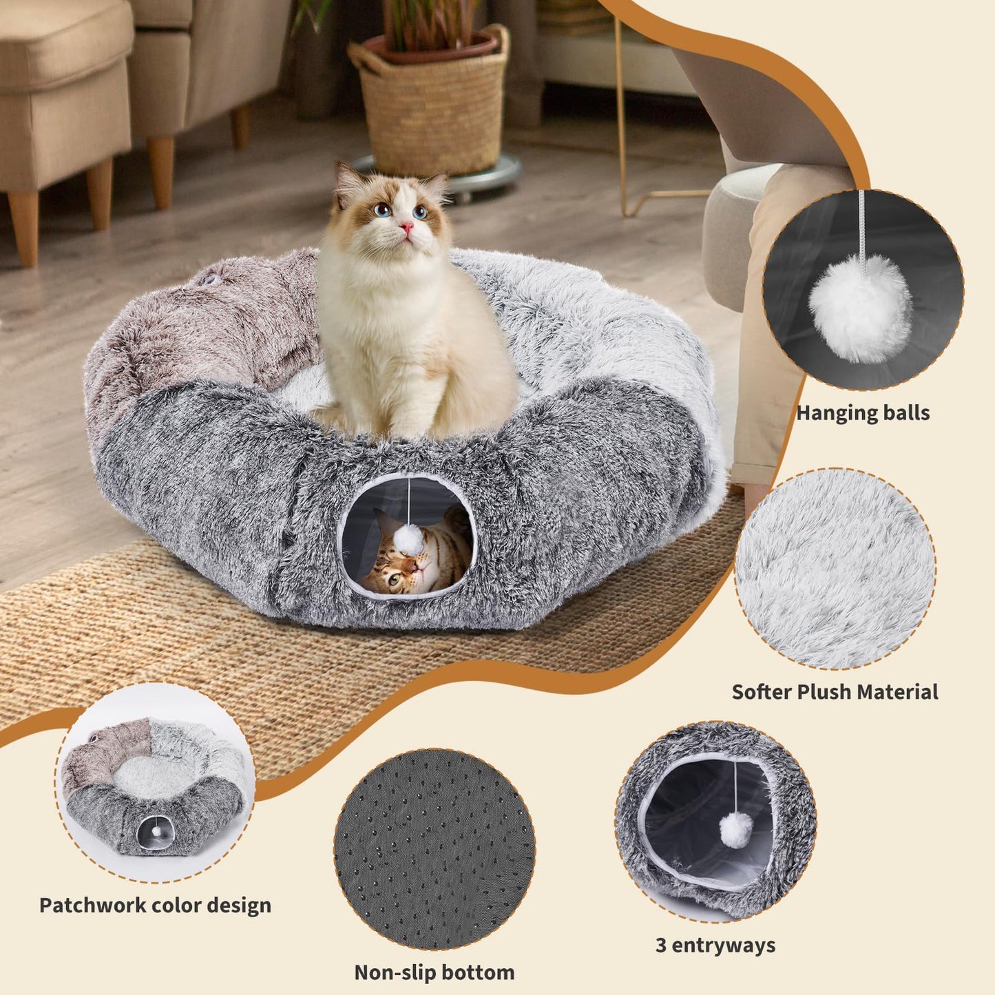 Odoland Extra Large Cat Tunnels for Indoor Cats, Fluffy Cat Bed and Collapsible Donut Cat Tube with 20pcs Cat Toys for Chewing Playing