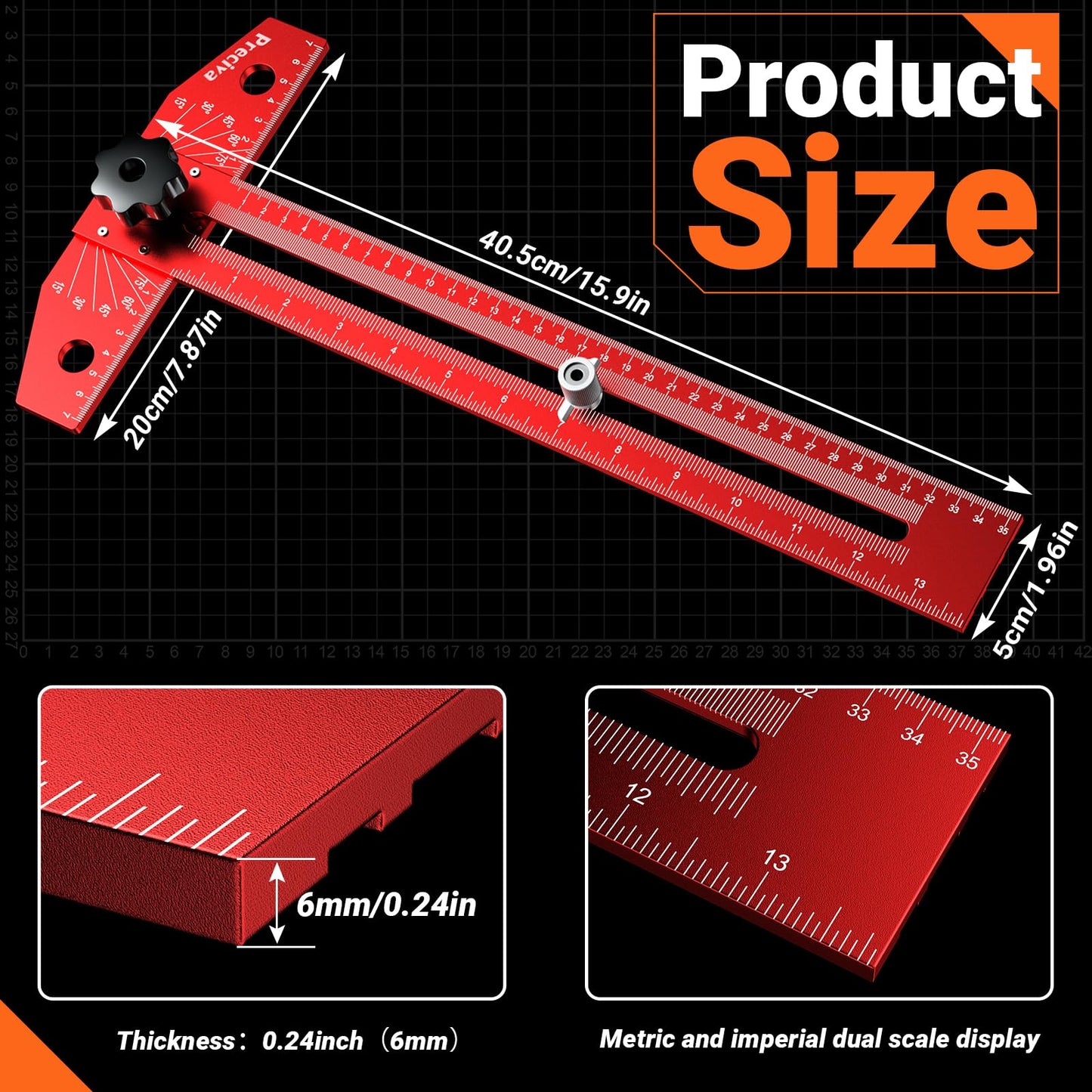 Preciva 13” Carpenter Square Ruler (1/16" Scale) - Foldable Aluminum Alloy T Square Ruler with Imperial and Metric Scales, Multi-Purpose Woodworking Square for Measure Angles, Position, Draw Lines