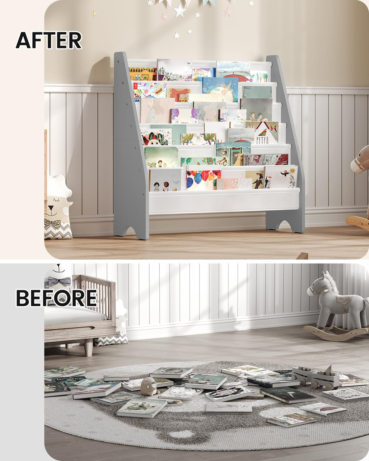 CHOEZON 6-Tier Kids Bookshelf, Kids Sling Bookcase, Magazine and Book Storage Rack, Large Capacity Book Organizer, Book Shelf for Kids Room, Bedroom, Nursery, Playroom, White and Gray MCW07WG