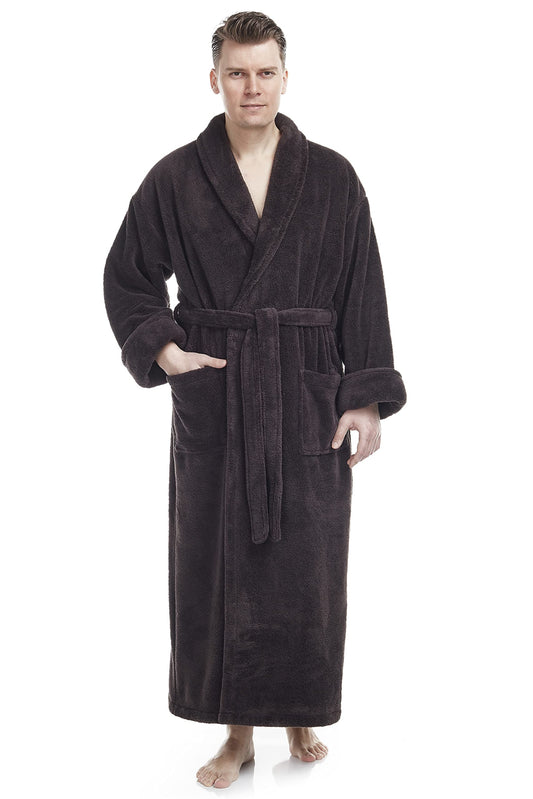 Arus Men's Fleece Robe, Long Shawl Turkish Bathrobe, Charcoal, L/XL