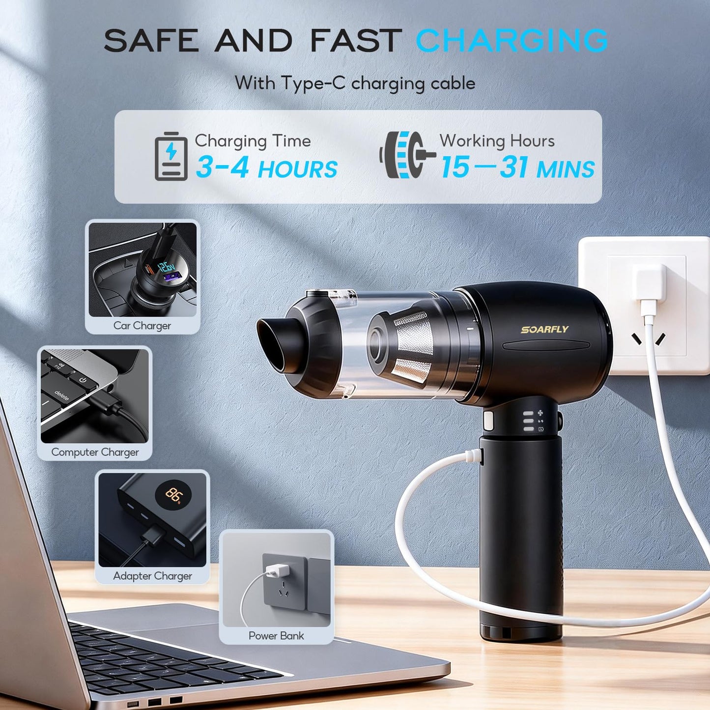 Car Vacuum Cleaner 25000PA Handheld Vacuum with LED, SOARFLY 4 in 1 Air Duster and Cordless Vacuum Cleaner Strong Cyclonic Suction Blowing Brushless Motor, for Pet Hair, Car, Home, Office, Kitchen