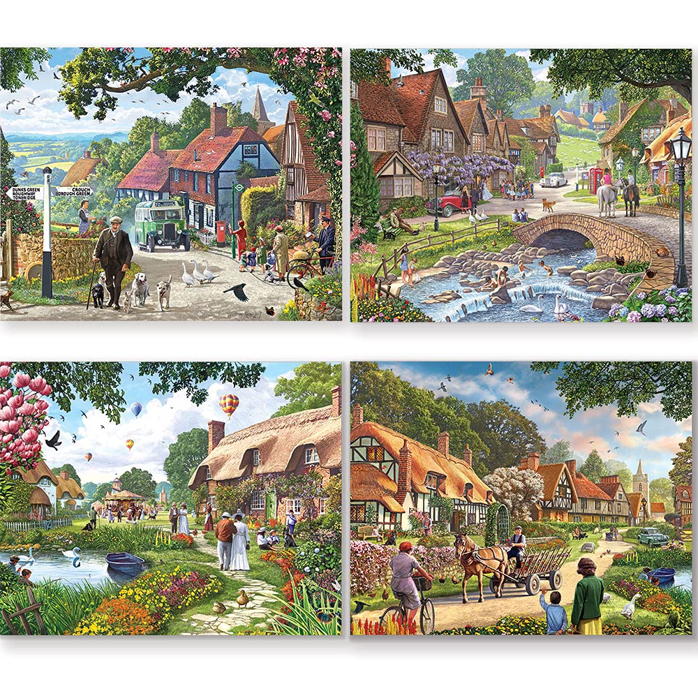 Bits and Pieces - 4-in-1 Multi-Pack - 300 Piece Jigsaw Puzzles for Adults-Each Measures 16" x 20" (46cm x 61cm)-Village Life by Artist Steve Crisp
