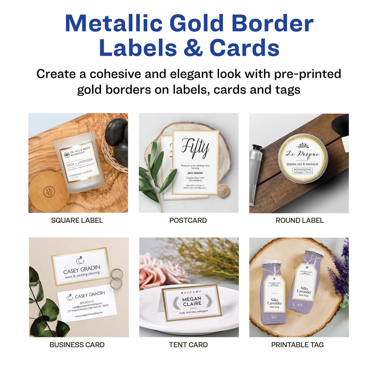 Avery Matte White Labels, Metallic Gold Borders, 3" x 3" Square Labels, 60 Total, Laser/Inkjet Printable (6542)
