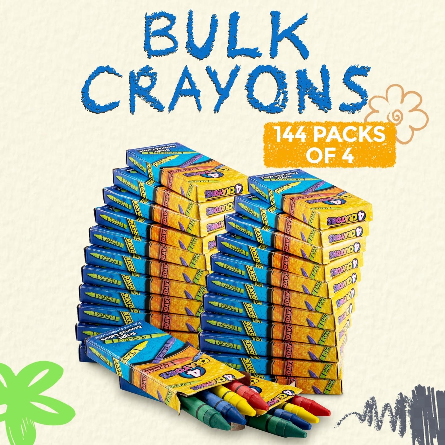 Bulk Crayons - 576 Crayons! Case Of 144 4-Packs, Premium Color Crayons for Kids and Toddlers, Non-Toxic, for Party Favors, Restaurants, Goody Bags, Stocking Stuffers