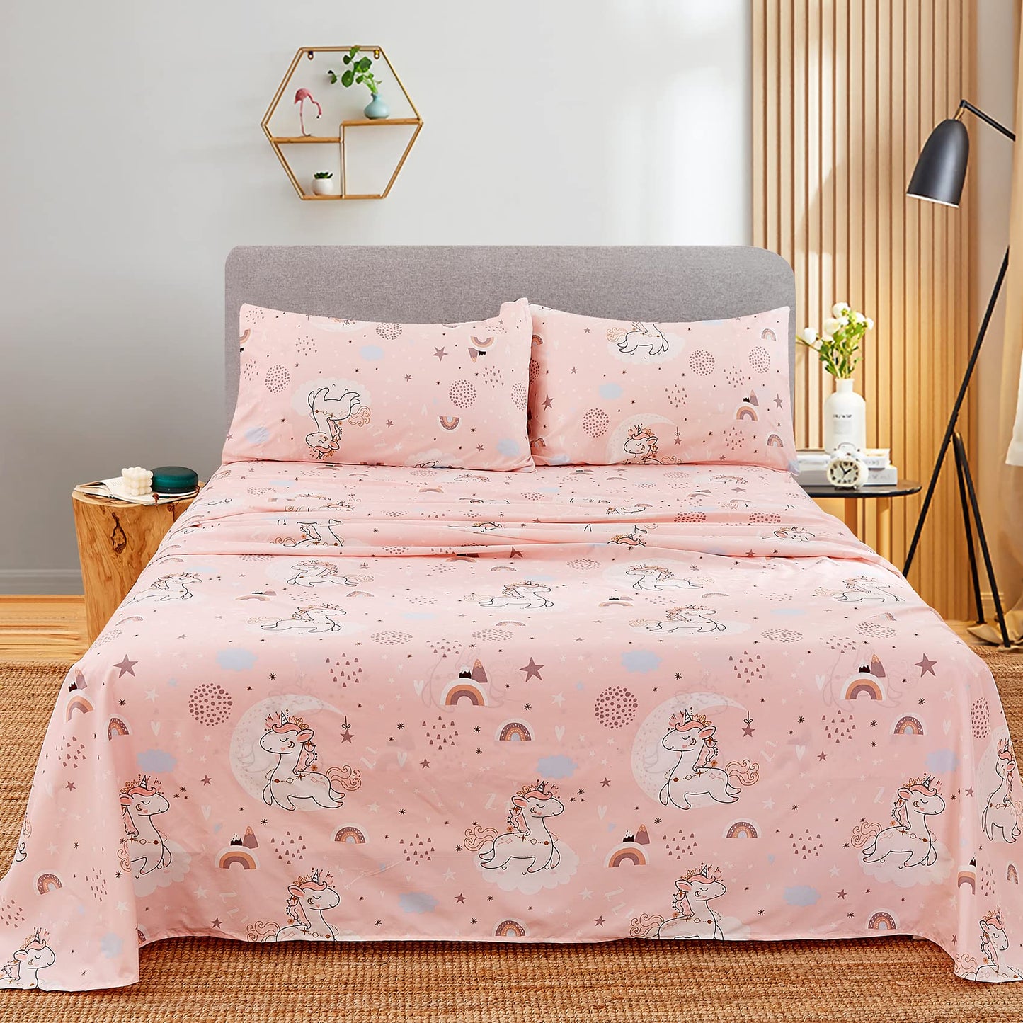 JSD Pink Moon Unicorn Kids Sheet Set Full 4 Piece, Cute Printed Microfiber Bed Sheets for Girls Deep Pocket