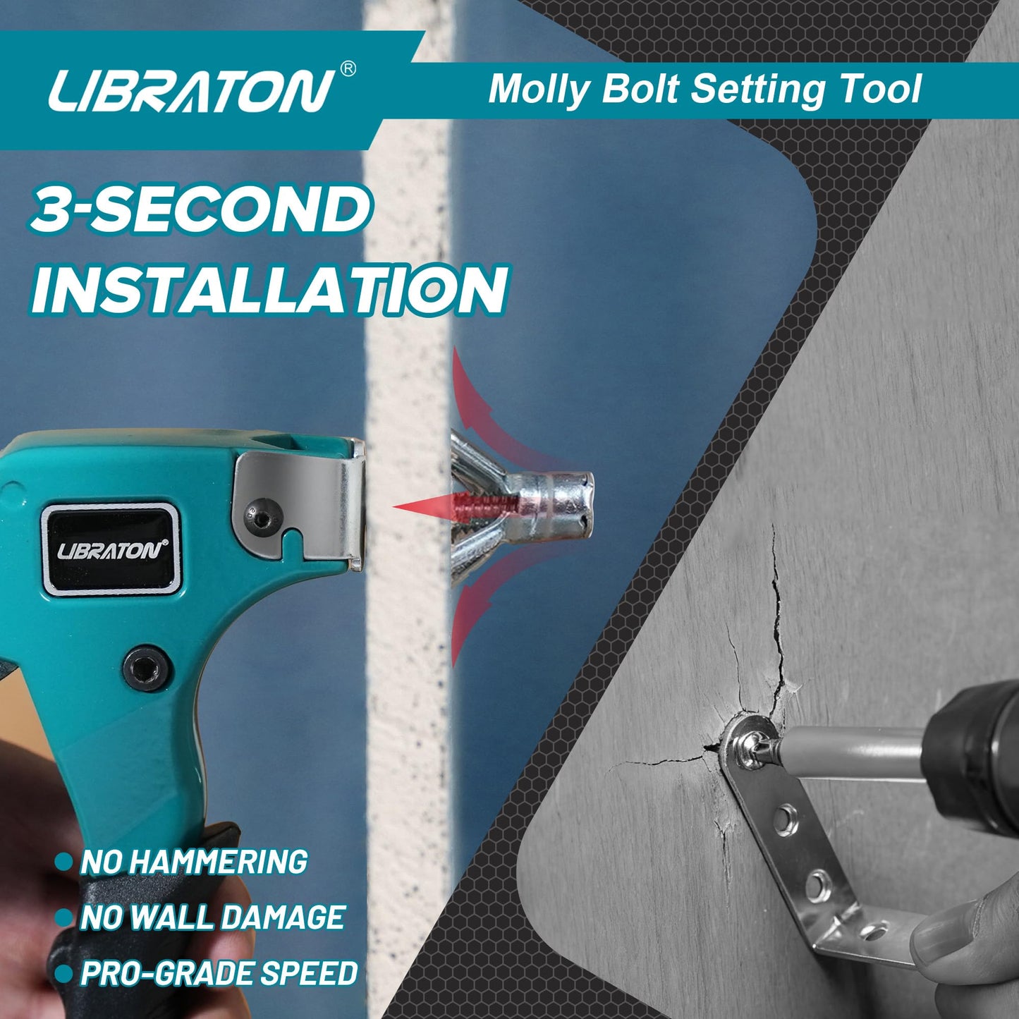 LIBRATON Molly Bolts for Drywall & Plaster Walls (0.12"-1.52"), 30PCS in 6 Sizes with Setting Tool, Heavy Duty Hollow Wall Metal Anchors Screws Kit, Holds Up to 65lbs, for TV, Shelf, Mirror