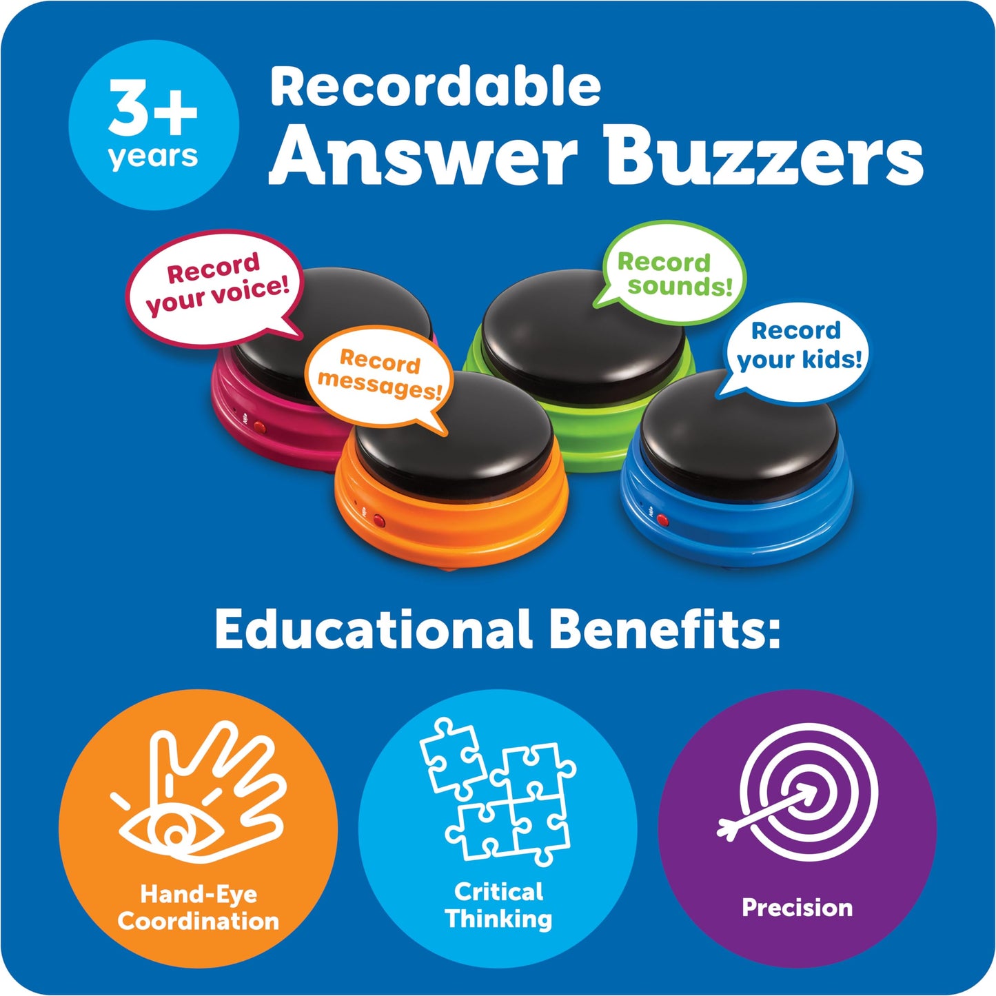 Learning-Resources-Recordable-Answer-Buzzers Set-of-4,-Ages-3+-|-Pre-K-Personalized-Sound-Buzzer,-Recordable-Buttons,-Game-Show-Buzzers,-Perfect-for-Family-Game-and-Trivia-Nights,-Dog-Buttons-for-Communications