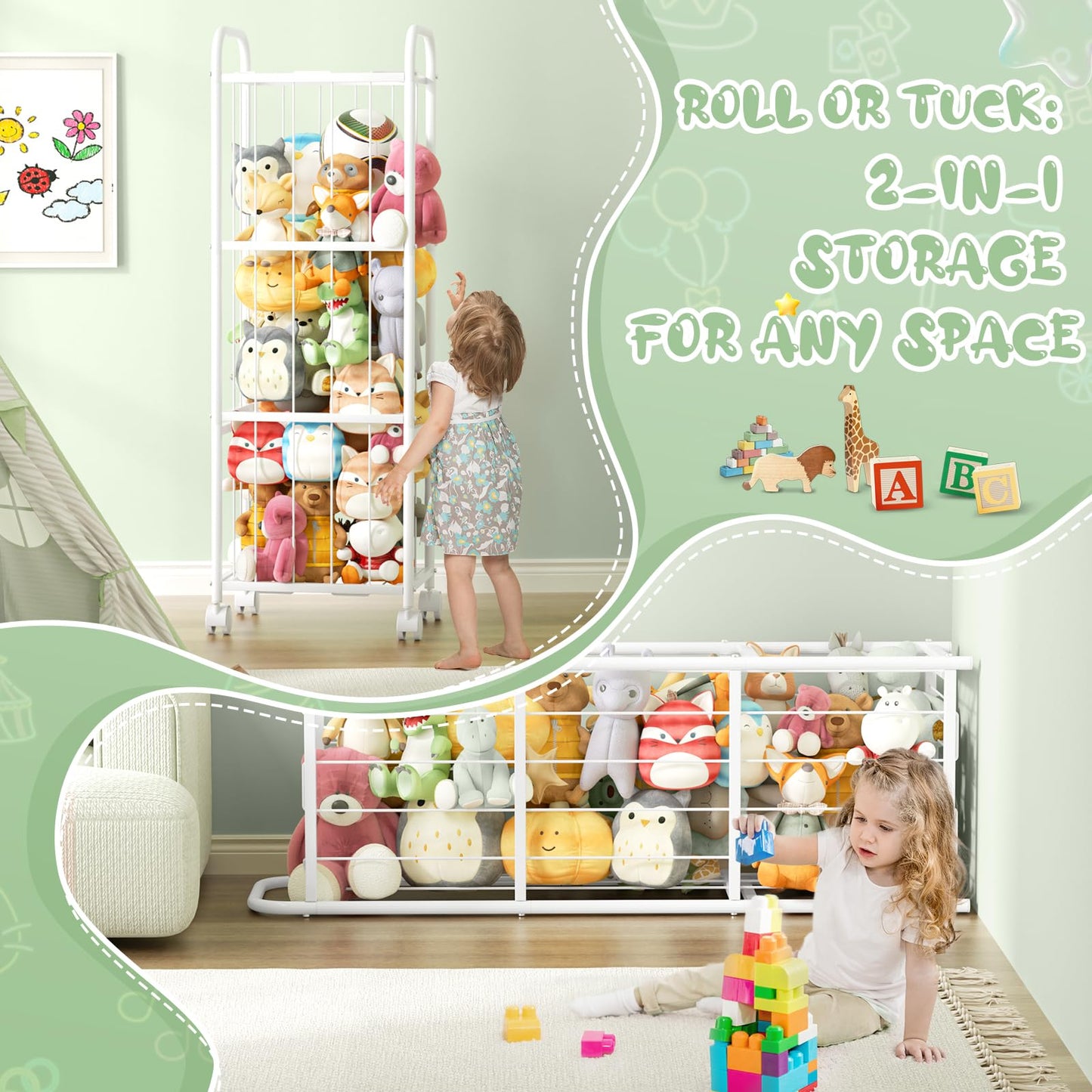 Stuffed Animal Storage with Brake Wheels,Metal Tube Toy Storage Organizer Extra Large Stuffed Animal Holder, Stuffed Animal Zoo Organizer for Nursery Playroom Kids Room White(53.5” x 18.1”x 13”)