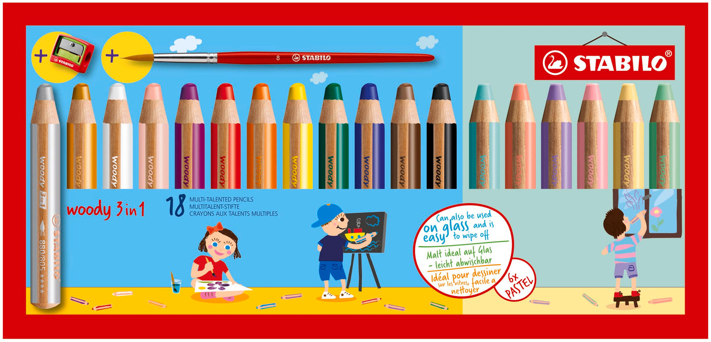STABILO Woody 3-in-1 Coloured Pencil Case with 18 Colouring Pencils + 1 Pencil Sharpener + 1 Round Brush Size 8-6 Pastel