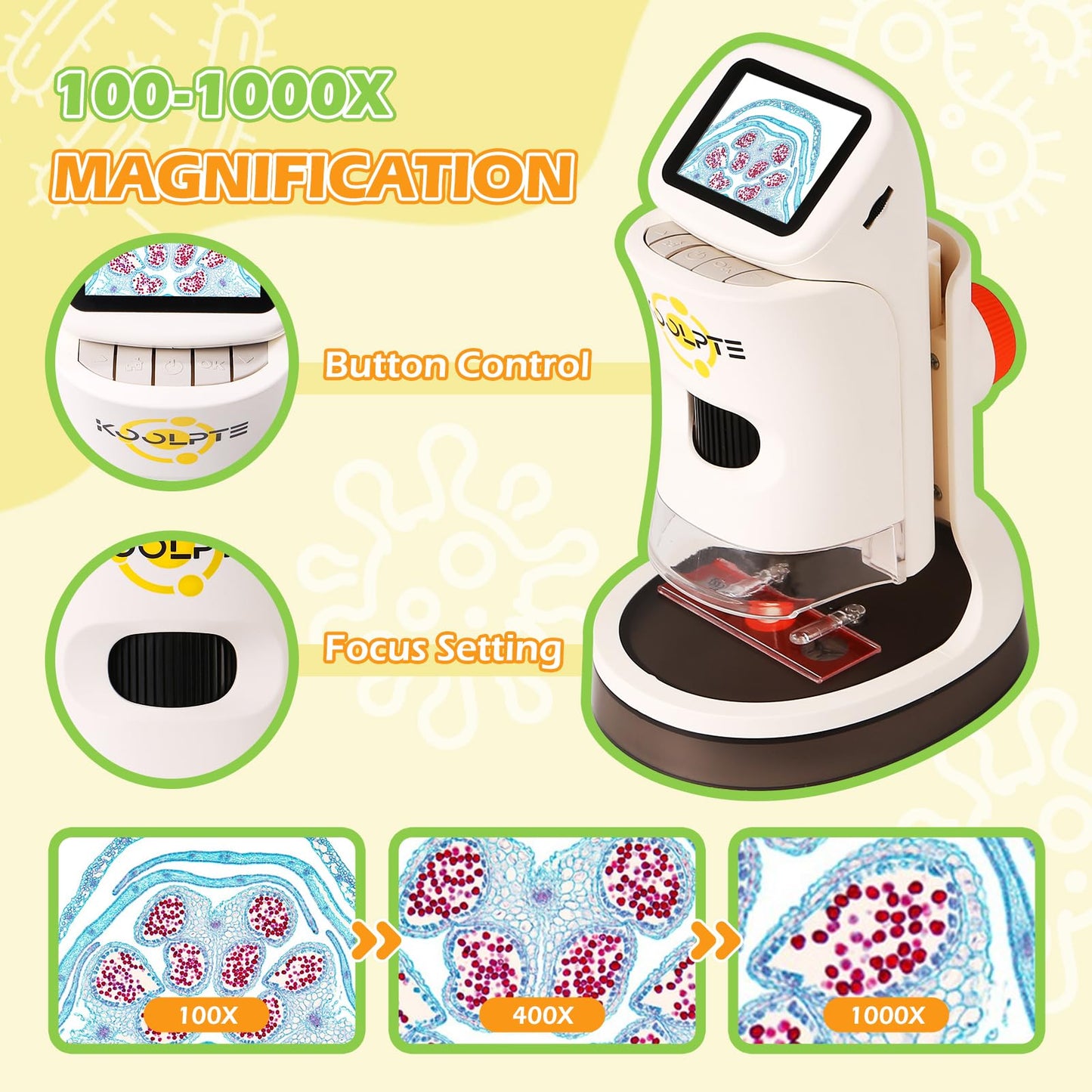 Microscope for Kids 1000X 4K with 2" Screen - Handheld Kids Micorscope Digital Microscope | Science Kit for Ages 8-12 | 6 LED Lights, Slides Set & 32GB Card | Educational Birthday Gifts for Boy Girl