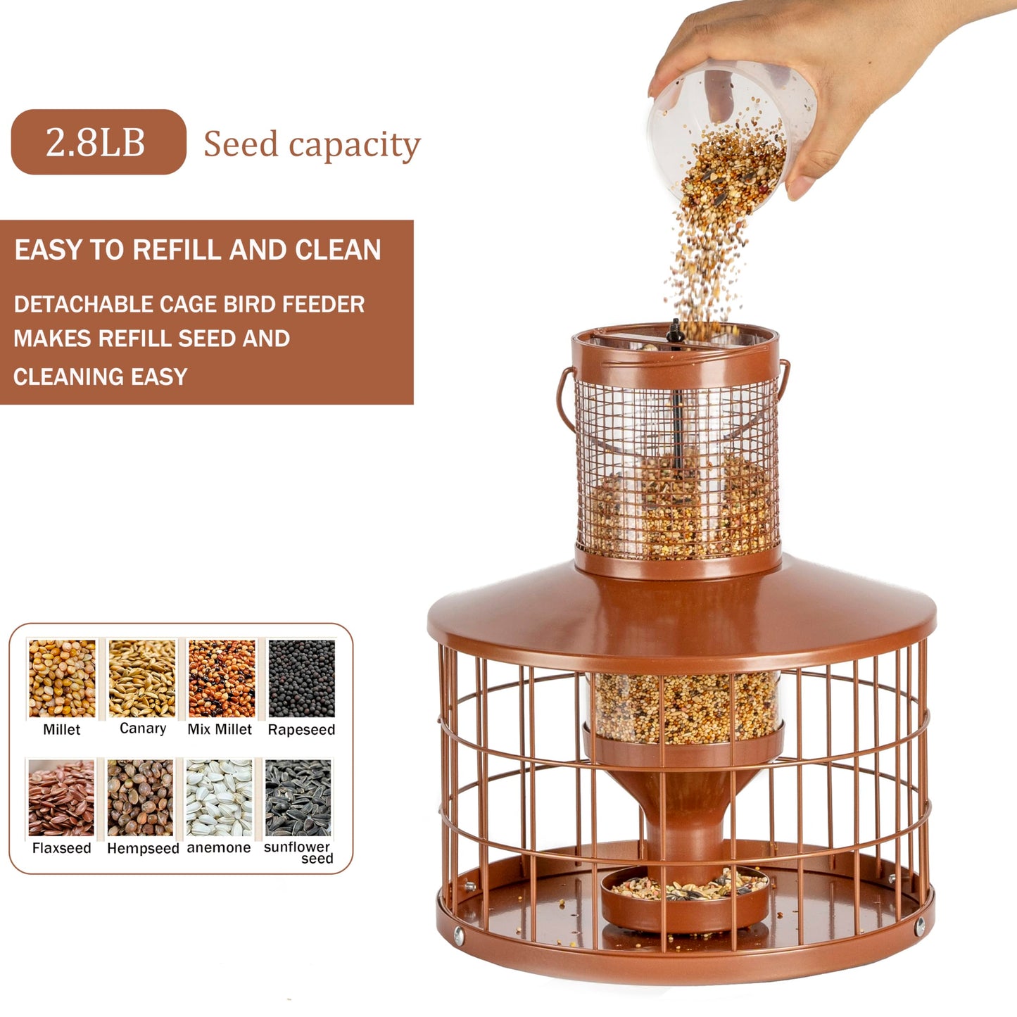 Caged Bird Feeders Squirrel-Proof, Metal, 2.8 Lbs Capacity-Cage Tube Seed Feeders with Tray Outdoor Hanging, Attract Birds,Detachable Cleaning, Starling Proof Wild Bird Feeder（Brown）