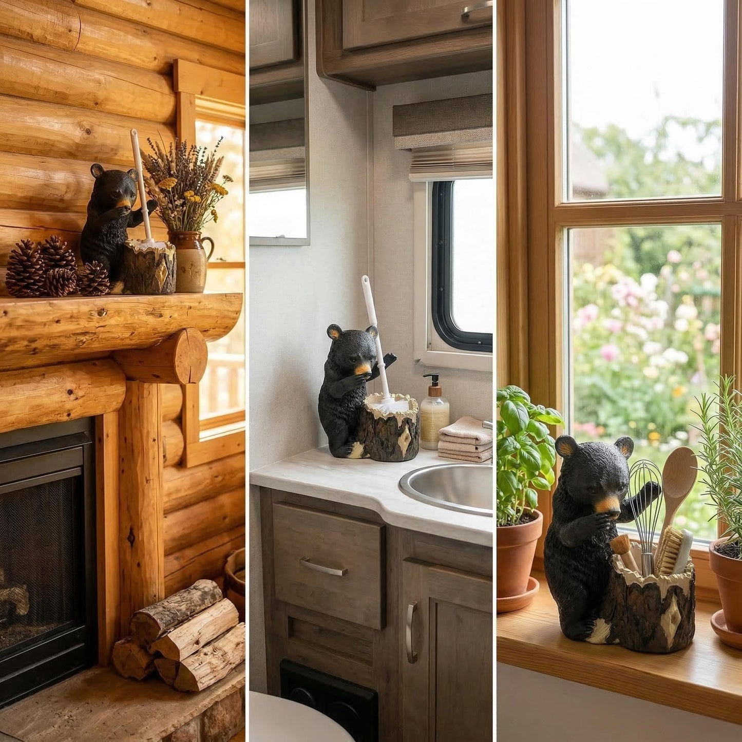 BGBWBFBR Whimsical Black Bear Toilet Brush Holder Set - Unique Cub Shape Decorative Bathroom Cleaning Kit for Cabin Owners, Bear-Themed Home Decor, Cozy Cabin Gifts