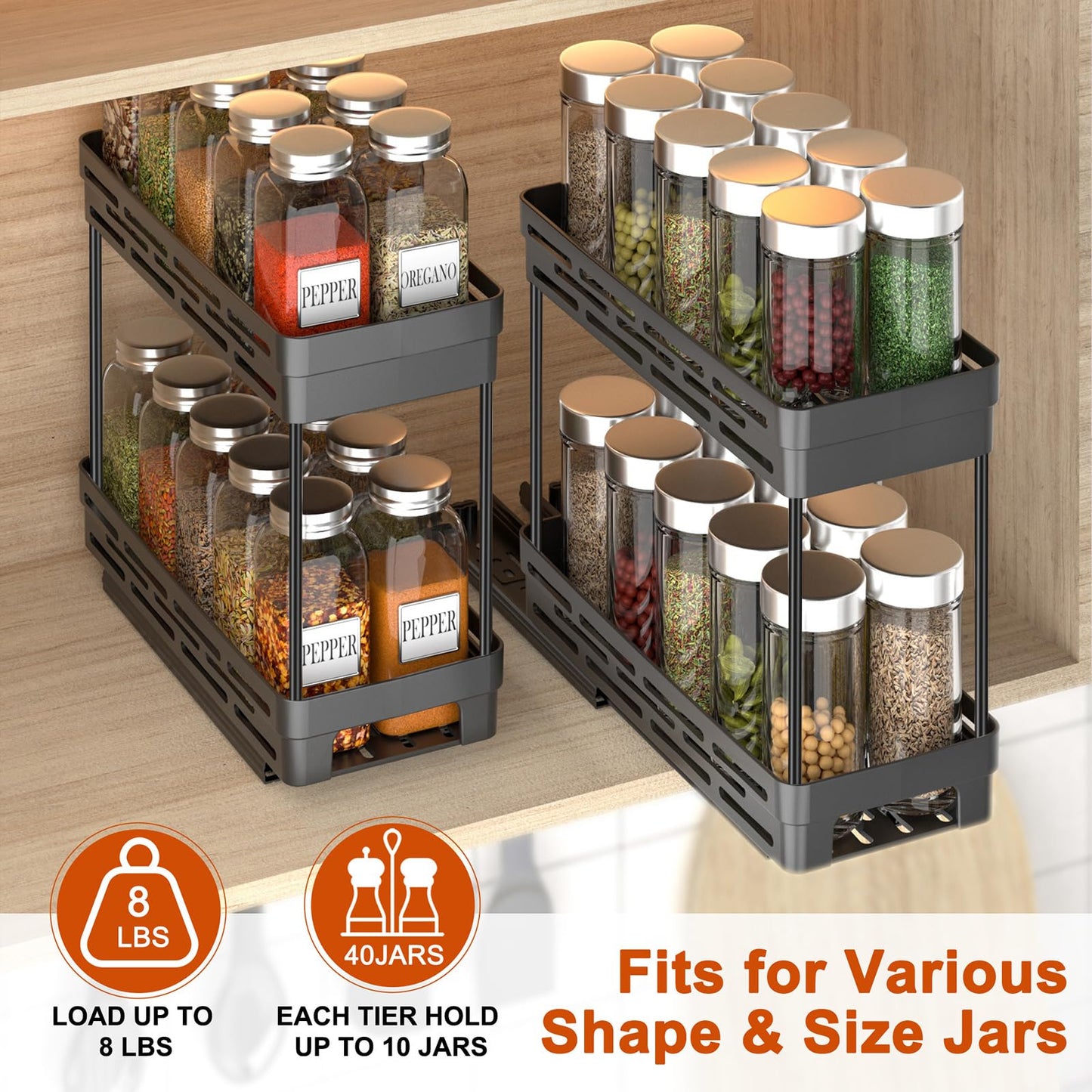 Spice Rack Organizer for Cabinet, 2 Pack Pull Out Spice Rack for Kitchen Inside Cabinets, Vertical Spice Organizer, 2-Tier Spice Cabinet Organizer Slide Out Spice Racks, 4.33''Wx10.43''Dx8.5''H