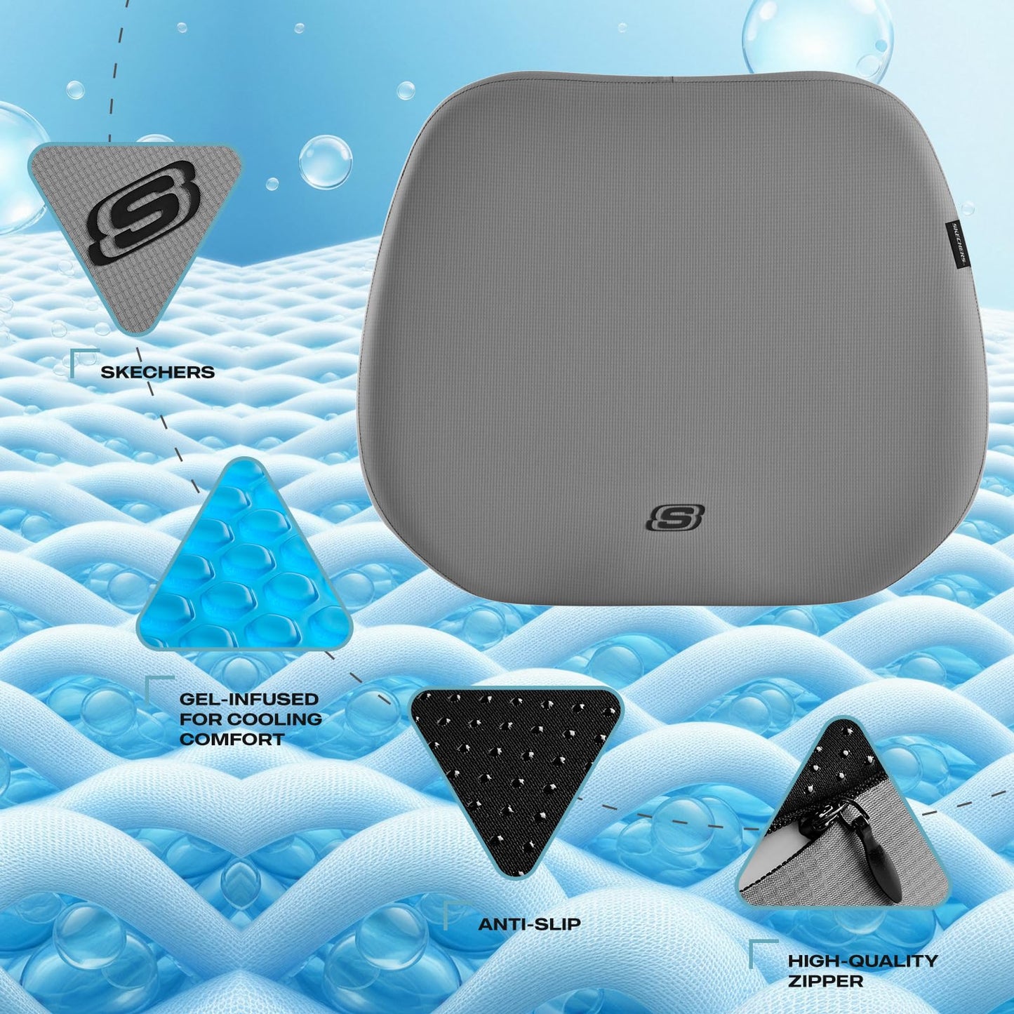 Skechers Seat Cushion Premium Gel & Memory Foam-Office Chair Cushion for Tailbone Pain Relief,Butt Pillow for Office Chair,Car seat Cushion,Long Sitting Office Workers,and Car Drivers,Gray