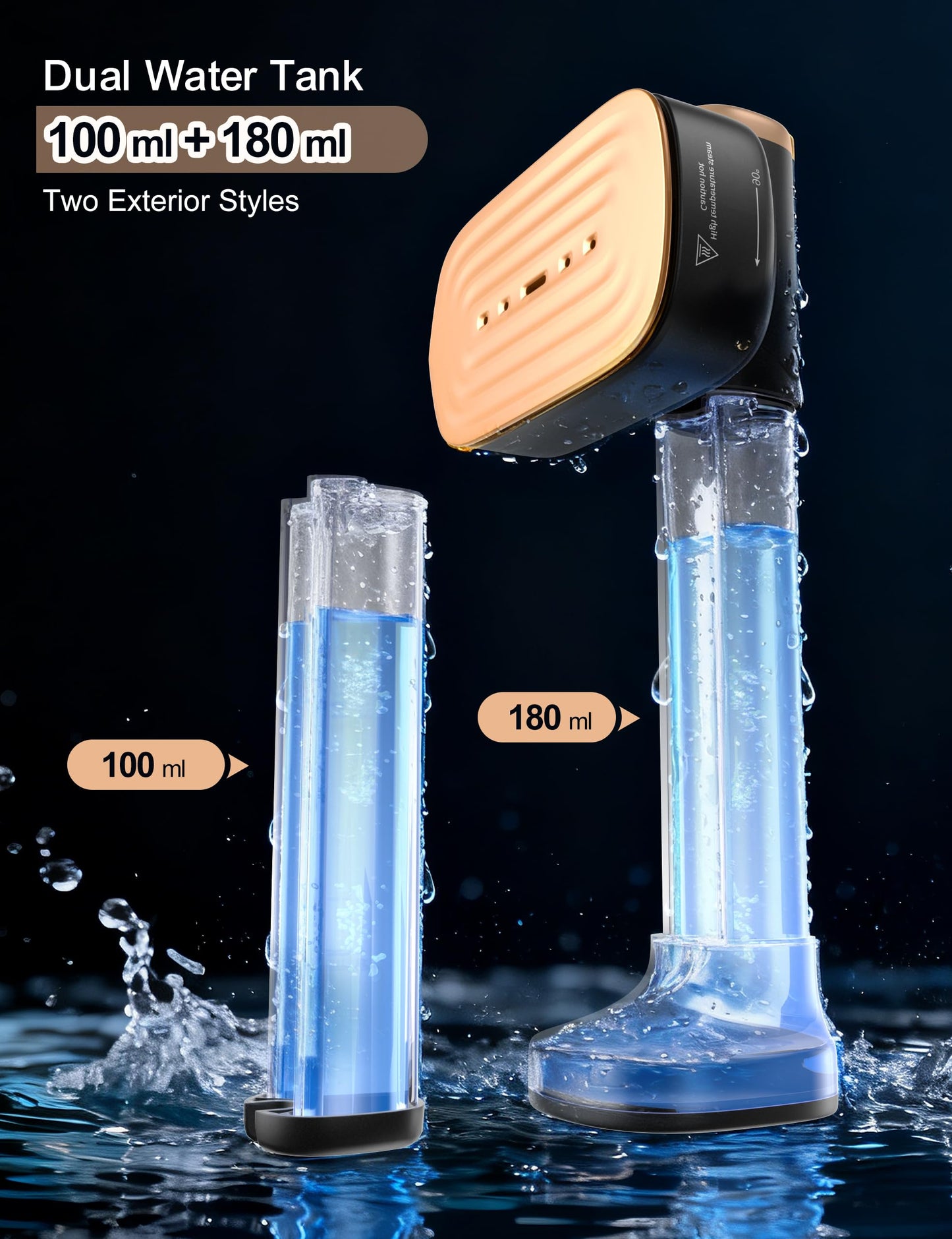 Travel Steamer for Clothes with 2 Water Tanks (180 ml and 100 ml),15s Fast Heat-up,24 g/min Strong Steam Performance, Portable Garment Steamer with Touch Control, LED Display, Steam Iron Bright Black
