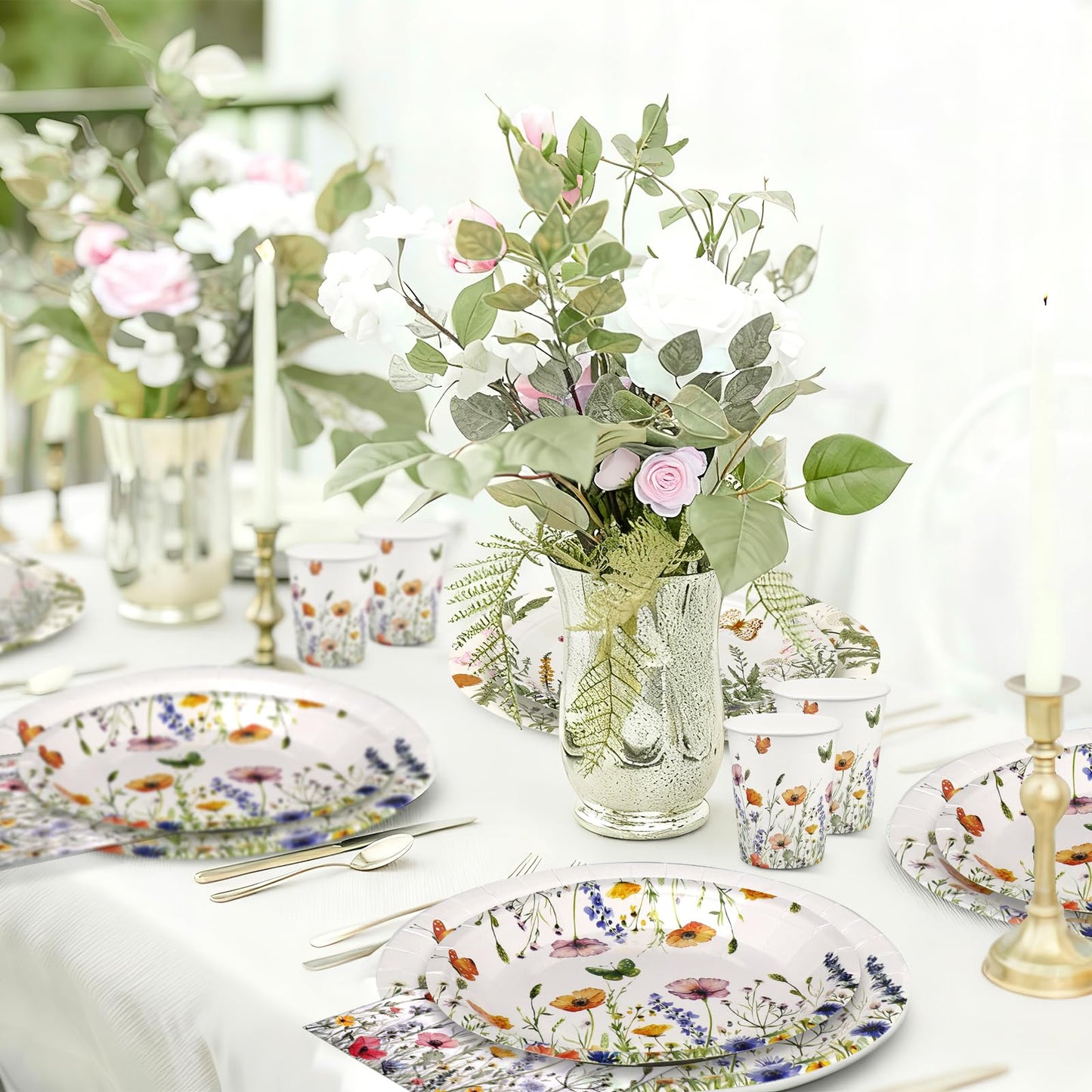 250 Pcs Wildflower Party Supplies Include Spring Floral 9 Inch and 7 Inch Paper Plates Napkins and Cups for Baby Shower Wedding Tea Party Decorations, Serve 50 Guest (Pink)