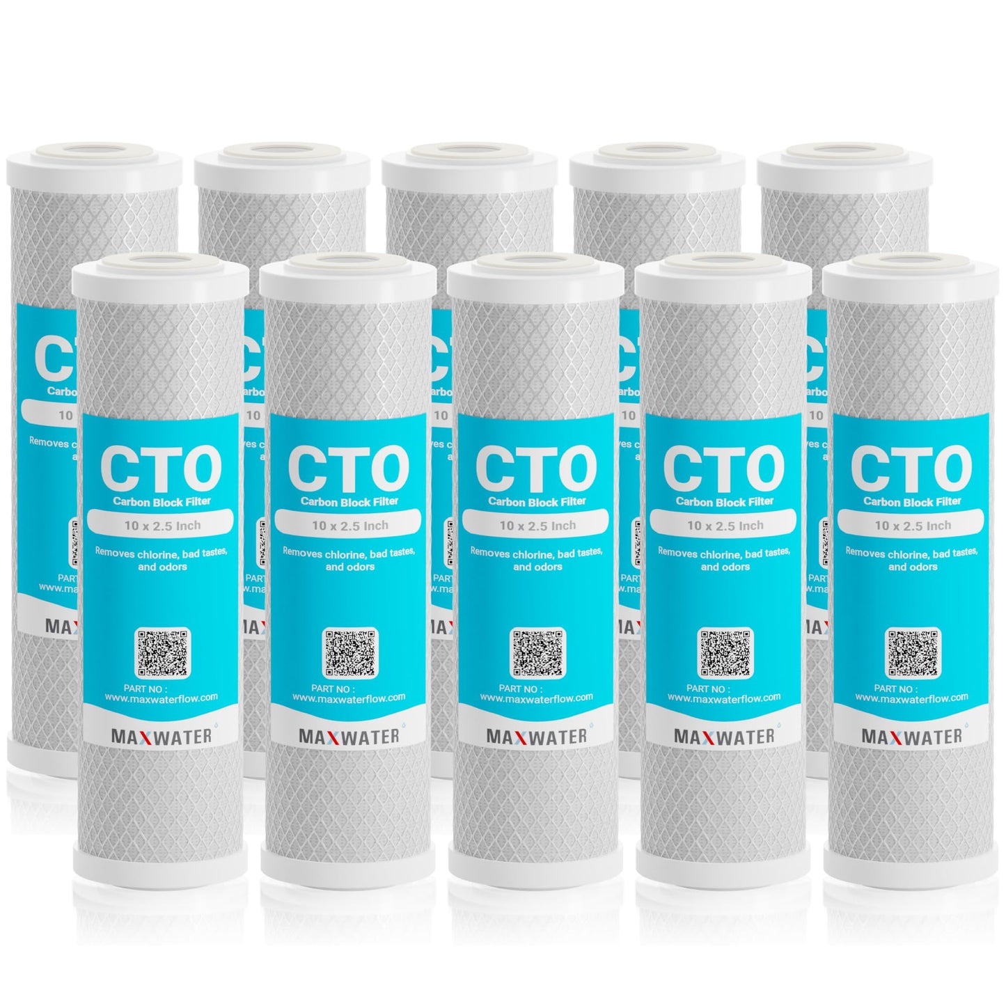 Max Water 5 Micron, 10 x 2.5 Whole House CTO Activated Carbon Filter Replacement Cartridge, Coconut Shell Carbon Block for Whole House System and Standard RO Compatible with WFPFC8002, FXWTC (10 Pack)