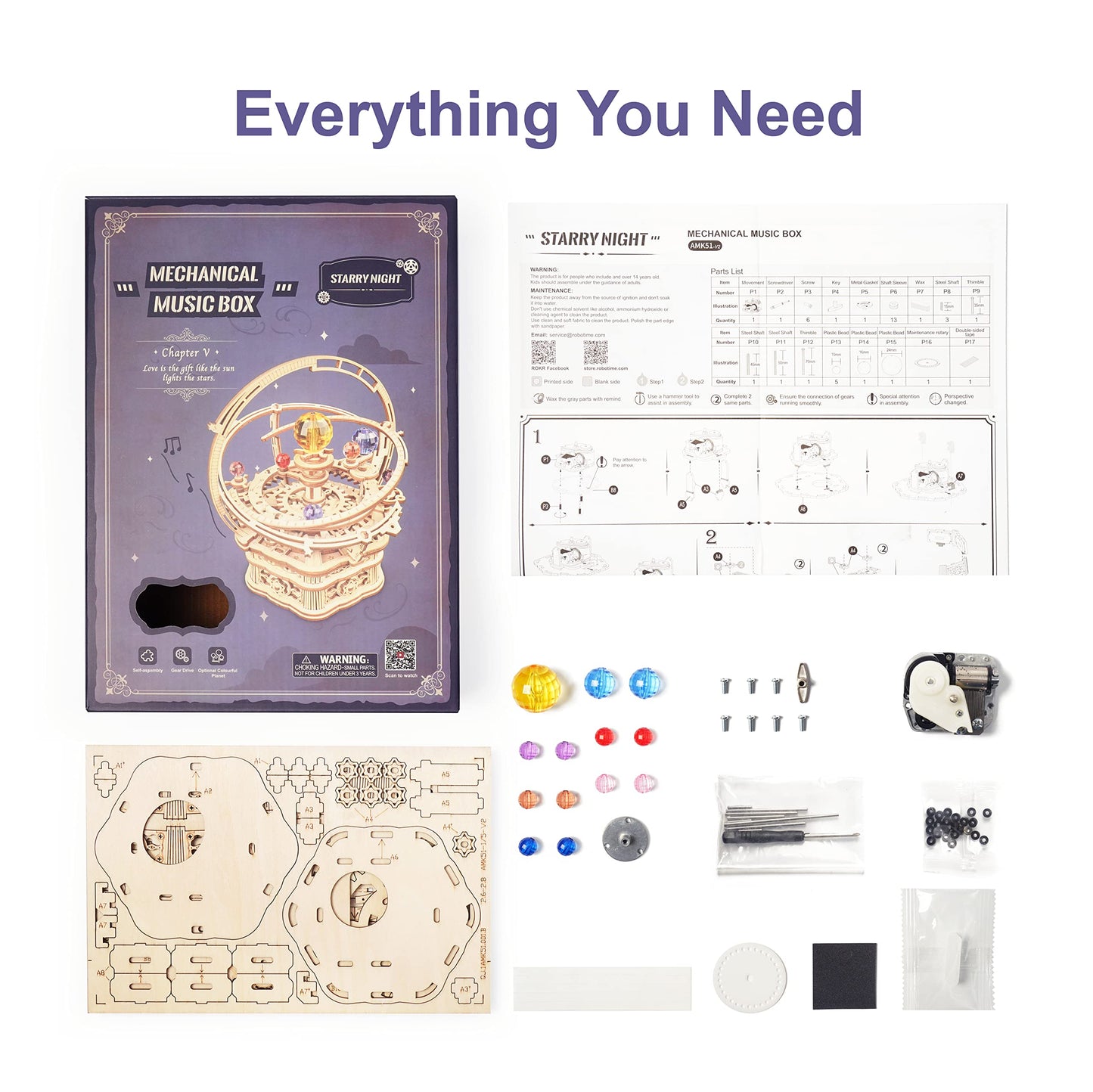 RoWood Music Box 3D Puzzles for Adults, DIY Wooden Mechanical Building Model Kits, Gift for Teens Kids on Children's Day/Birthday/Christmas - Starry Night
