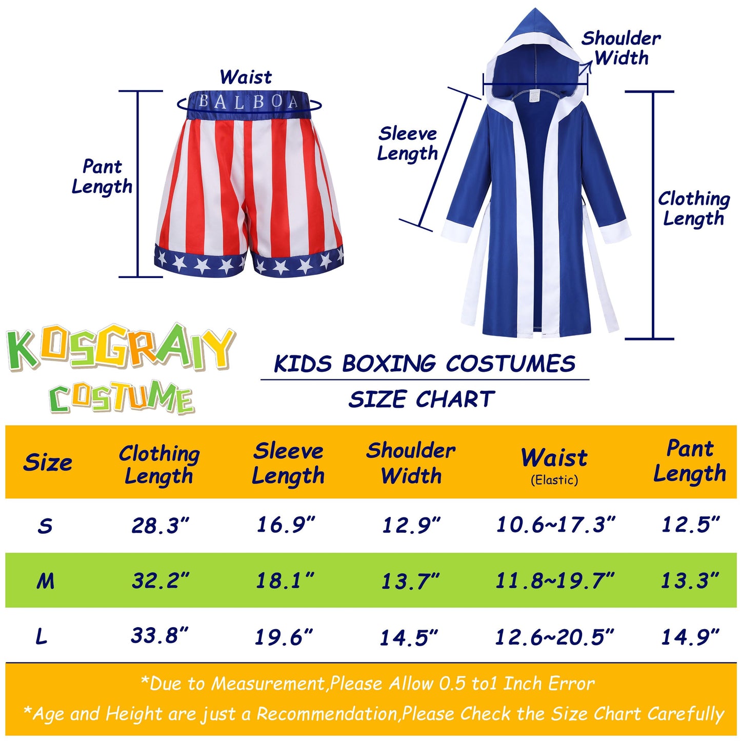 Kosgraiy Boxing Costumes Kids with Glove Robe Shorts,Halloween Boys Boxer Suit,American Boxing Robe,Boy Boxer Outfit,M