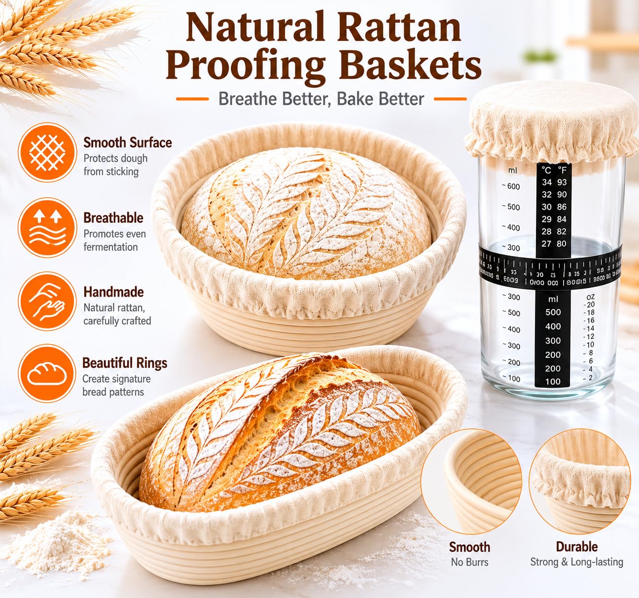 Sourdough Bread Starter Kit, 15-Piece Banneton Proofing Basket Set with Round & Oval Bread Baskets, 600ml Starter Jar, Dough Whisk, Bread Lame, Silicone Mat, Stencils and Bread Bags for Beginners