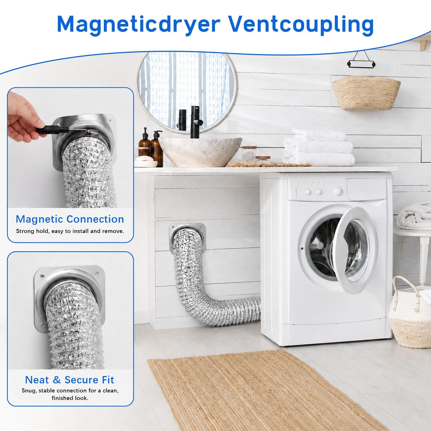 DVC-180 Magnetic Dryer Vent Coupling Connector Kit, Airtight Quick-Connect Dryer Vent Connector for 4" Dryers, Includes 3.28 ft 4" Duct and 2 Clamps for Easy Cleaning