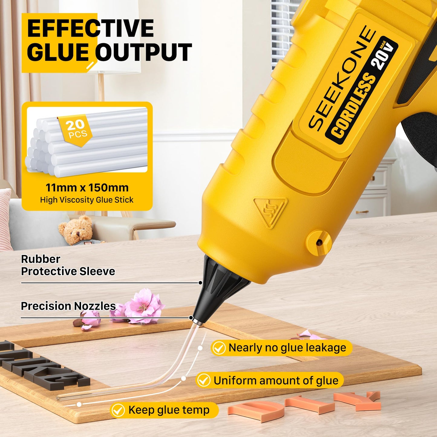 SEEKONE Hot Glue Gun, 100W Cordless Hot Glue Gun for Dewalt 20V Battery (No Battery), Fast Preheating and Anti-drip Full Size Glue Gun with 20pcs Glue Sticks for Crafts, DIY Arts, Home Repairs