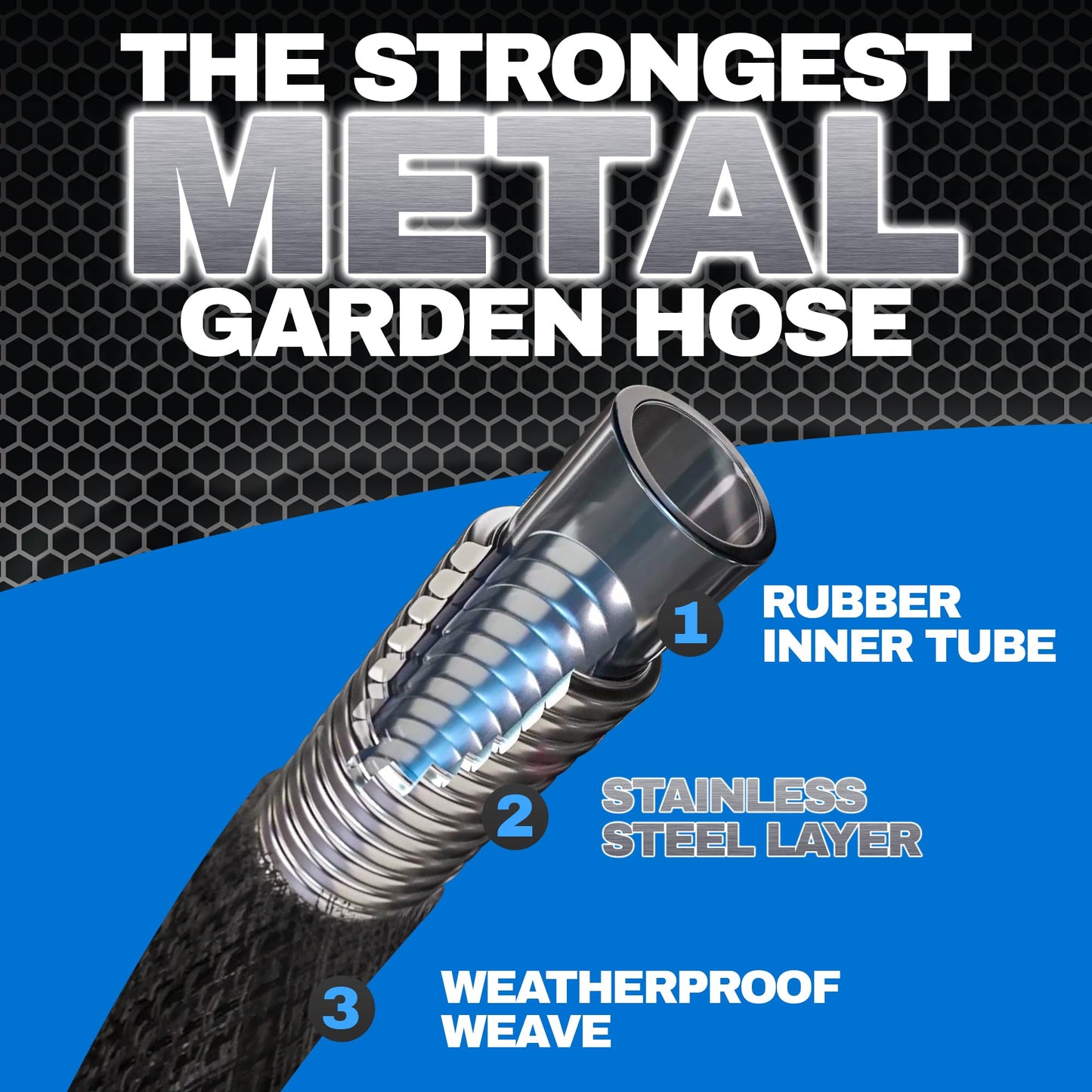 Hydrosteel 50 Ft Garden Hose, 3 Layer Stainless Steel Metal Water Hose 50Ft, Heavy Duty Flexible Lightweight Crush/Kink Resistant, Tangle Free Non Expandable Garden Hose 500 PSI AS SEEN ON TV