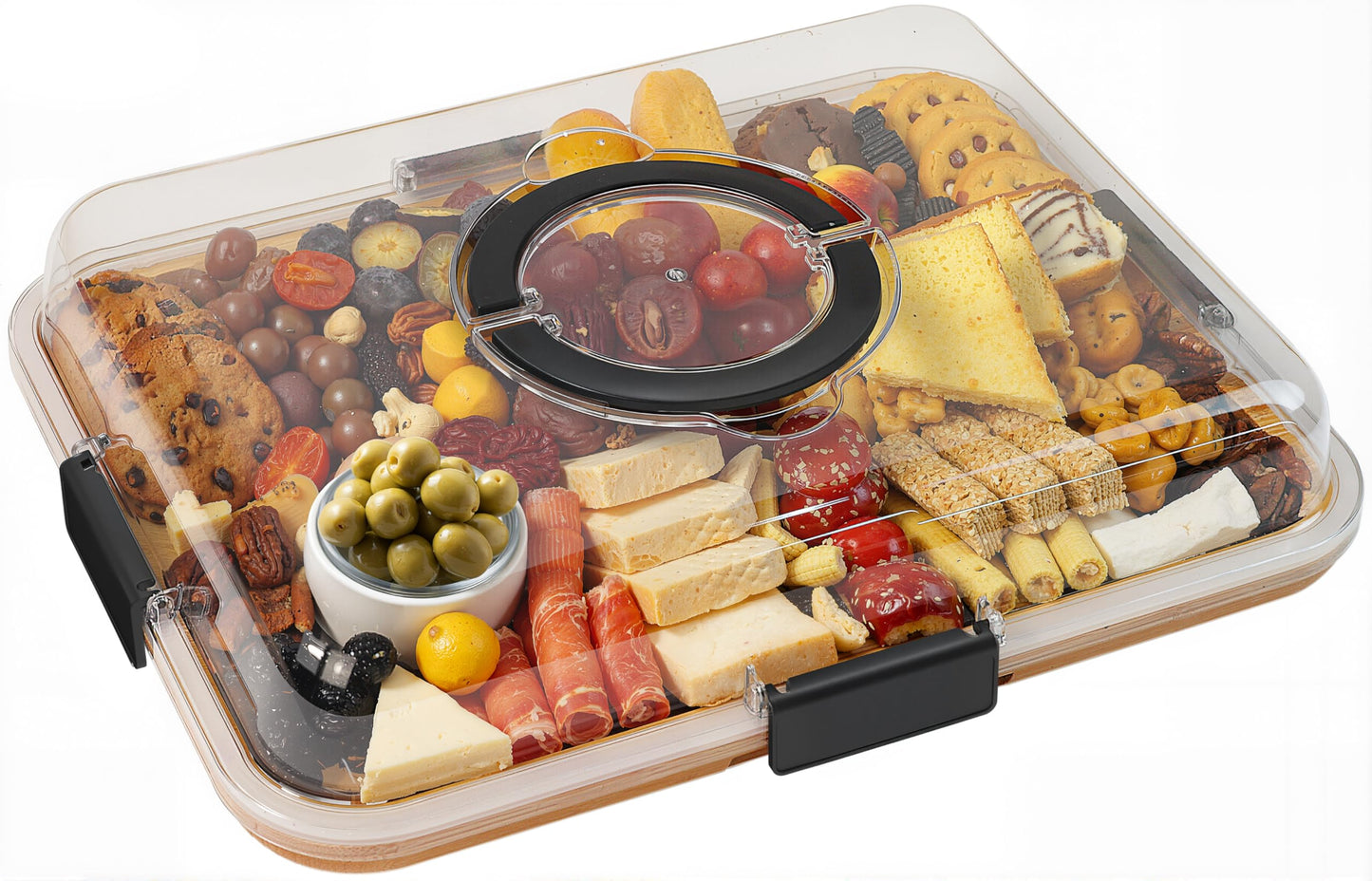 Hbnlai Charcuterie Board with Clear Lid, Travel Portable Cheese Board Charcuterie Boxes, House Warming Gifts New Home, Gifts for Women- 6 Compartments Black
