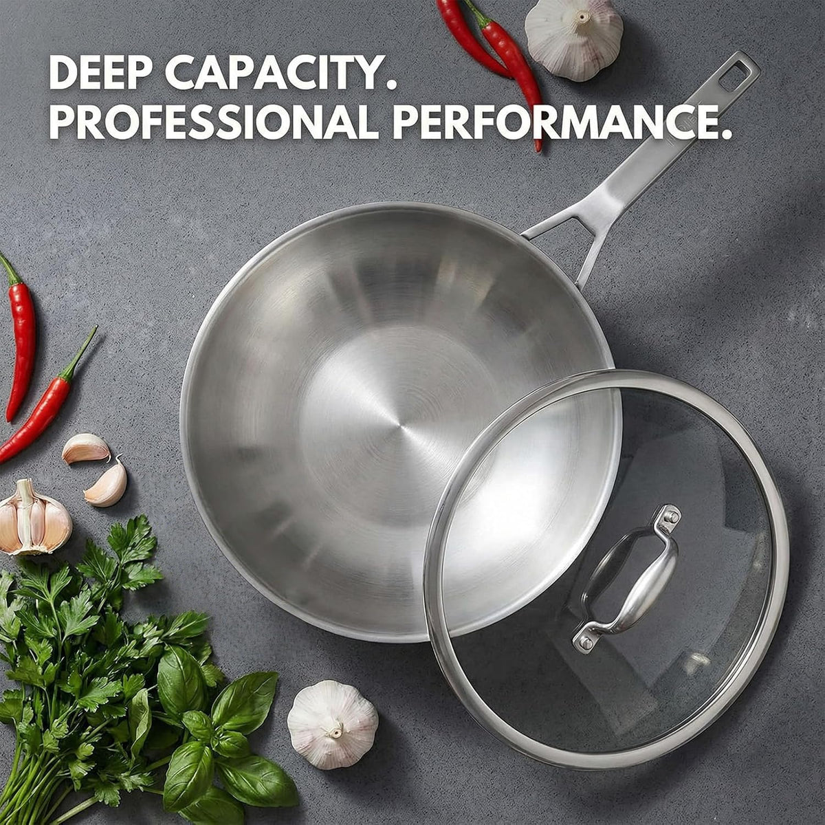 Inqibee 12-Inch Tri-ply Stainless Steel Wok Pan with Lid, Flat Bottom Stir-Fry Pan, Heavy Duty, Induction Compatible, Oven & Dishwasher Safe, Riveted Handle