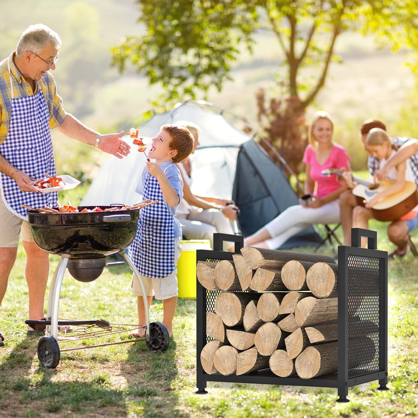 Firewood Rack for Indoor Heavy Duty Fire Wood Racks Holder, 17.32" Metal Wood Storage Log Holder with Leather Carrier, Small Firewood Stand for Fireplace Patio Deck, Black