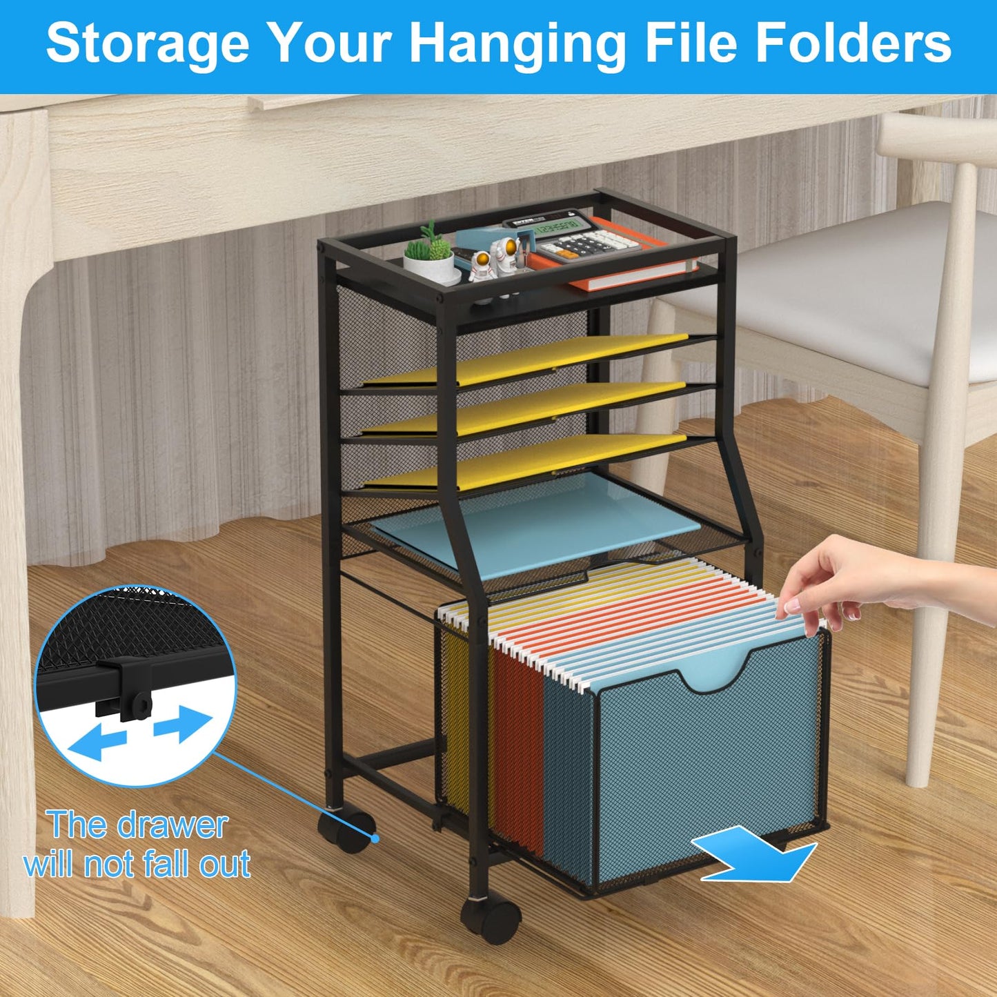 BOHDK Rolling File Cart, 6-Tier Under Desk Organizer on Lockable Wheels, Black Wood Planks & Mesh File Cart with Sliding Drawer and Paper Trays for Office Home School, Black Board