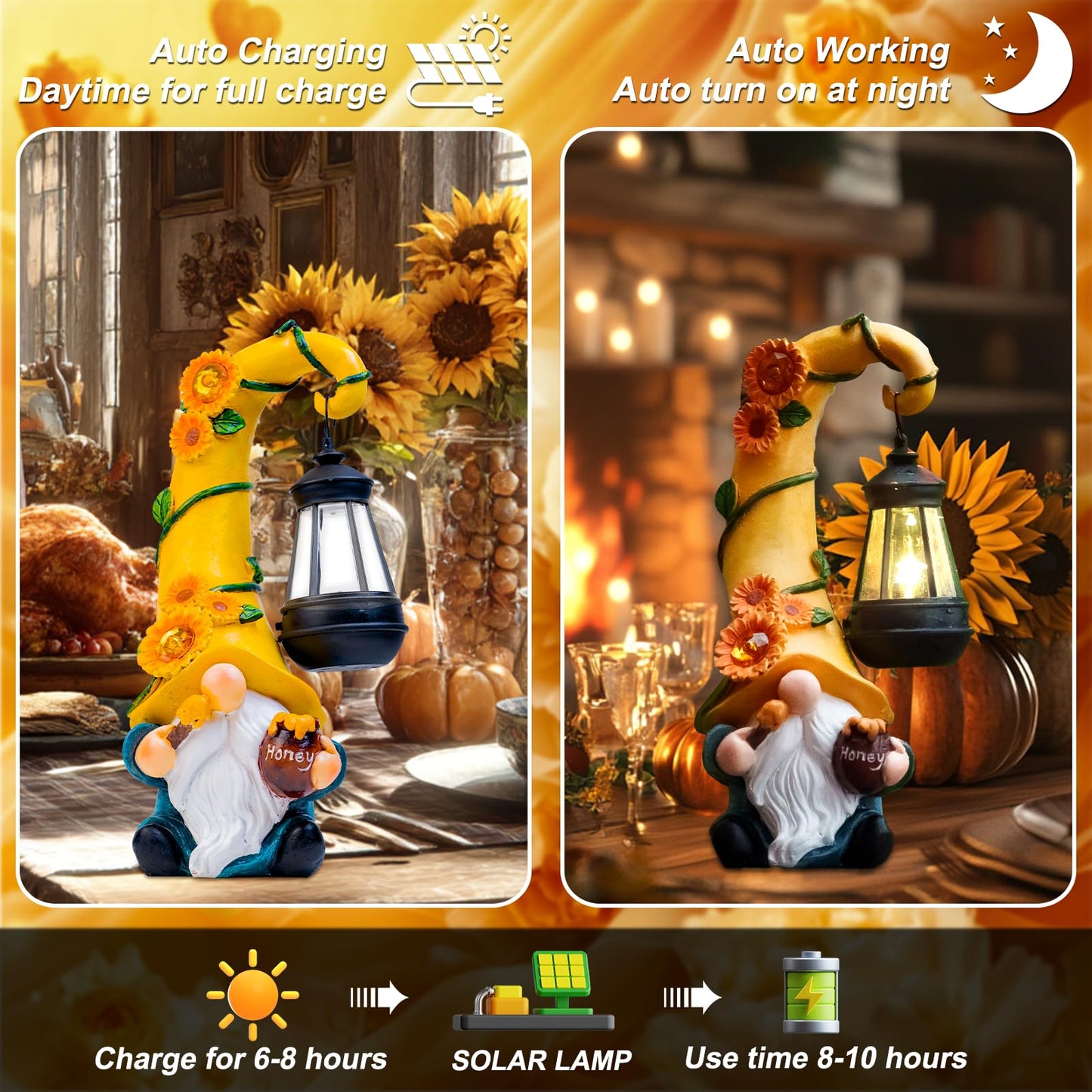 twinbling Birthday Gifts for Mom Grandma 12" Solar Fall Gnome Sunflower Garden Statues Honey Bee Jar Decor with LED Lantern Outdoor Summer Gnomes Decorations Patio Yard Balcony Art Gifts for Women
