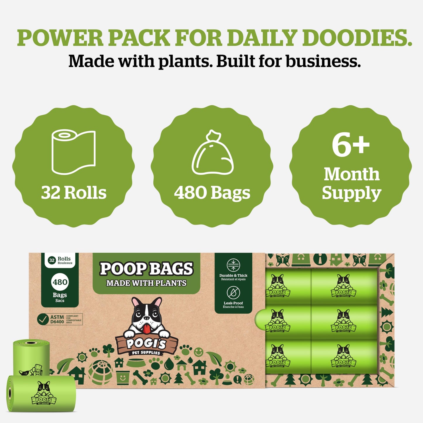 Pogi's Compostable Poop Bags – Leak-Proof, Extra-Large, Plant-Based, Home Compostable – 32 Rolls (480 Bags)
