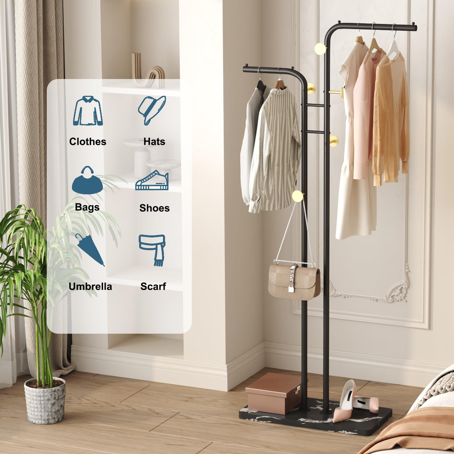 HOMEFORT Double-pole Coat Rack, Freestanding Metal Coat Racks, Clothes Hat Stand with 5 Hooks for Closet, Bedroom, Entryway, Living Room, Black