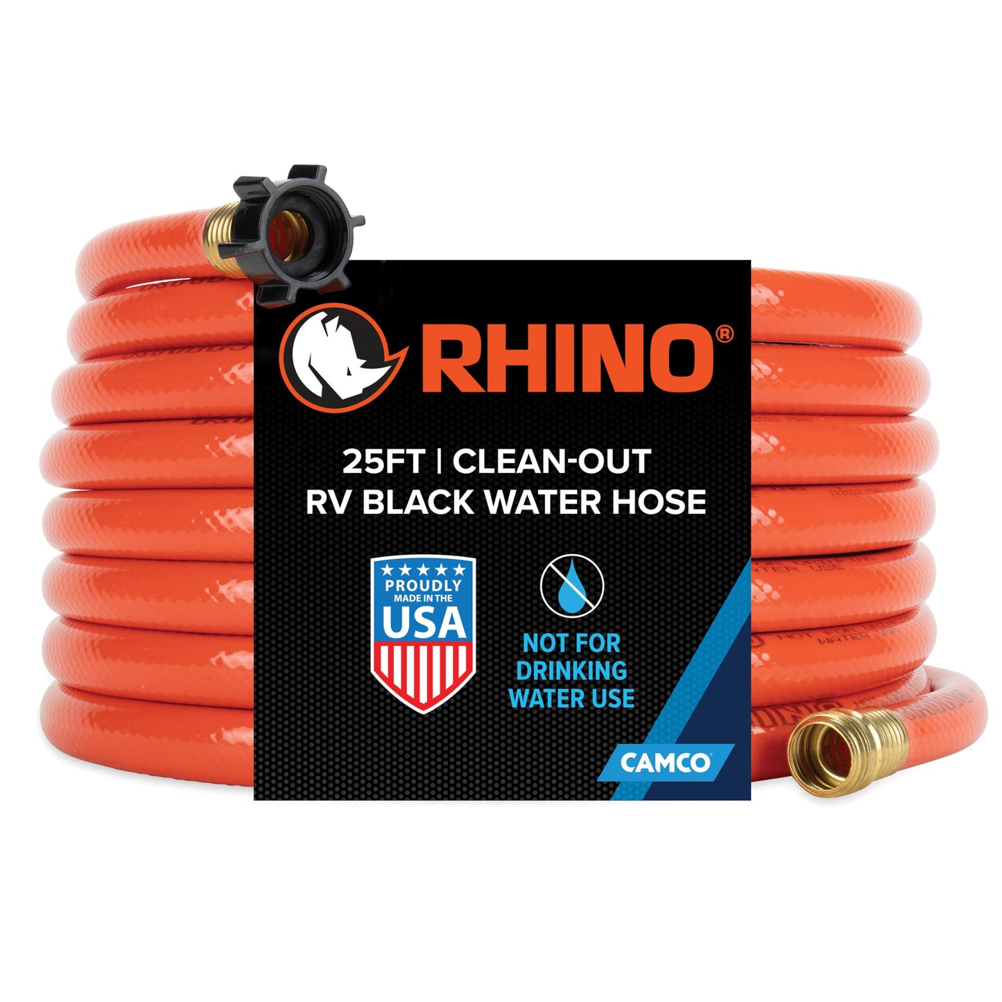 Camco 22990 25ft RhinoFLEX 5/8 inch ID Gray/Black Water Tank Clean Out Hose | Ideal for Flushing Black Water, Grey Water or Tote Tanks, Orange