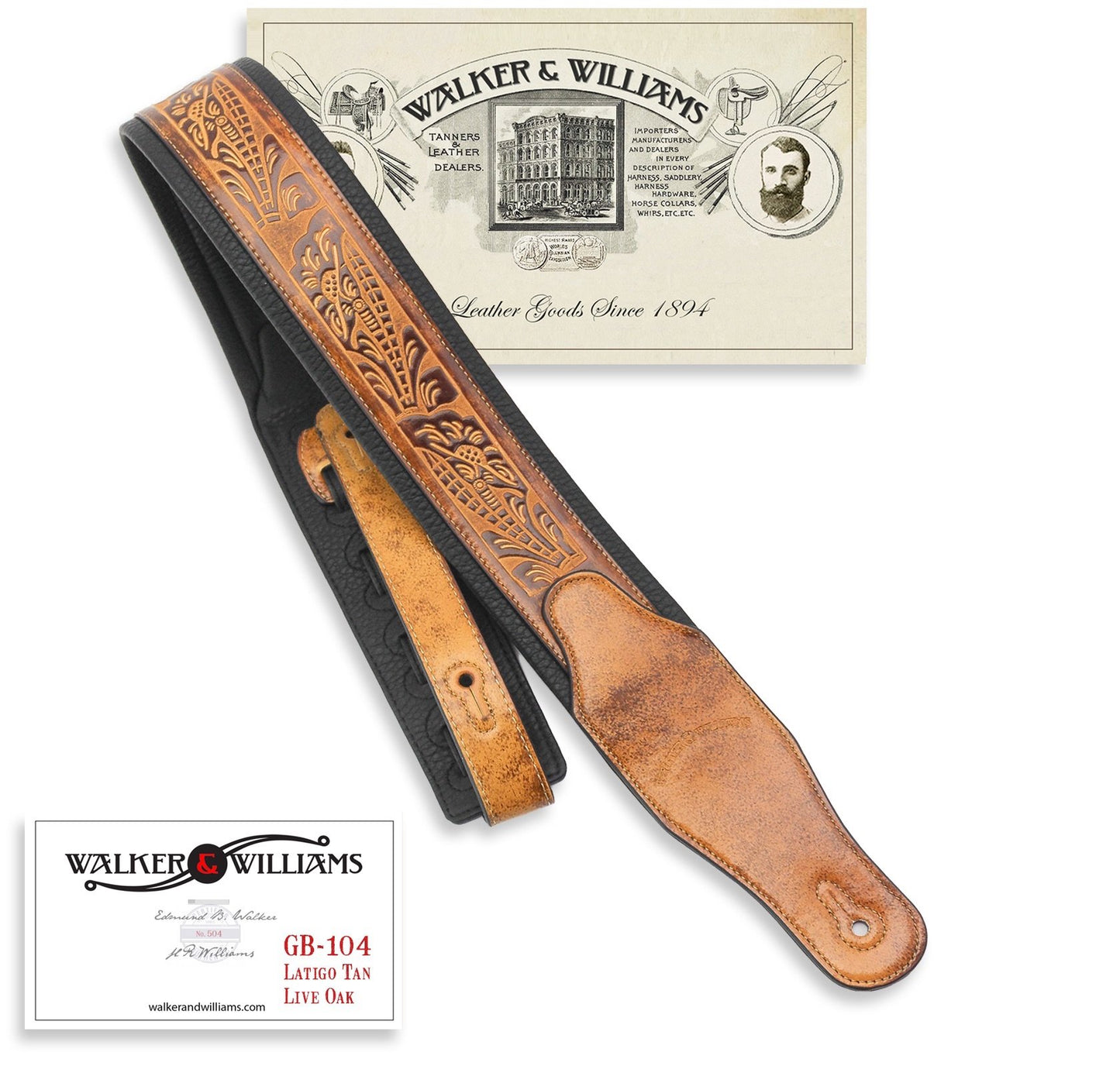 Walker & Williams GB-104 Latigo Tan Padded Guitar Strap Live Oak Pattern For Acoustic, Electric, And Bass Guitars, Brown, Regular