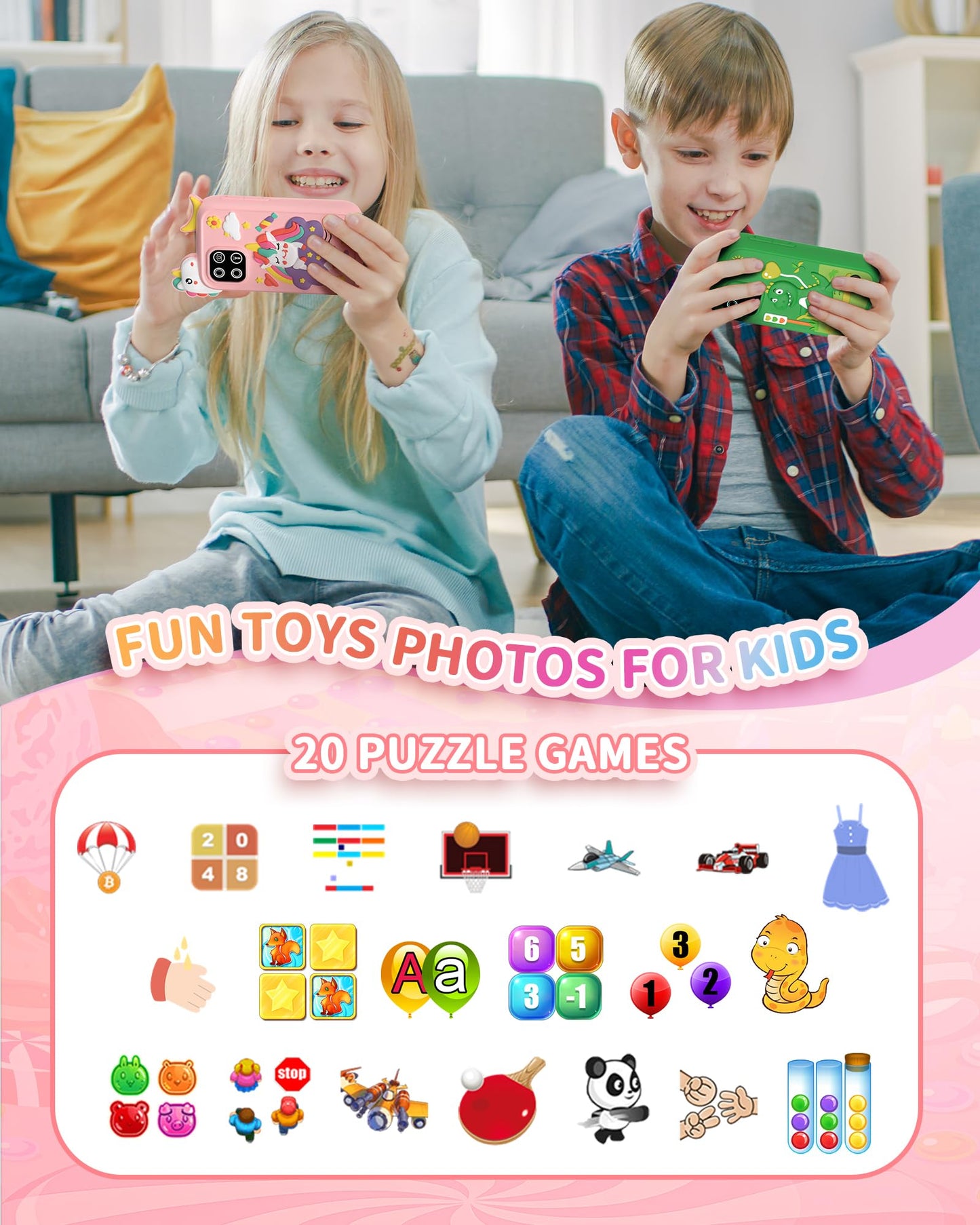 Upgrade Mini Kids Toy Pretend Smartphone, Unicorn Selfie Phone with 2.8” Touchscreen - Rich 20 Learning Games - Dual Camera - Music Player, for 3-10 Years Old Boys Girls, 32GB Card, Pink